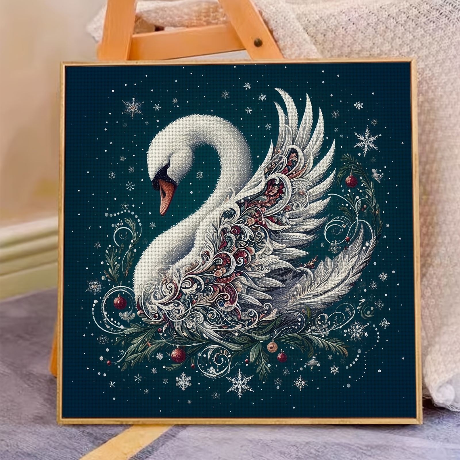 Christmas Swan Snowflake Design Printed Fabric Cross-Stitch Kit for Beginners
