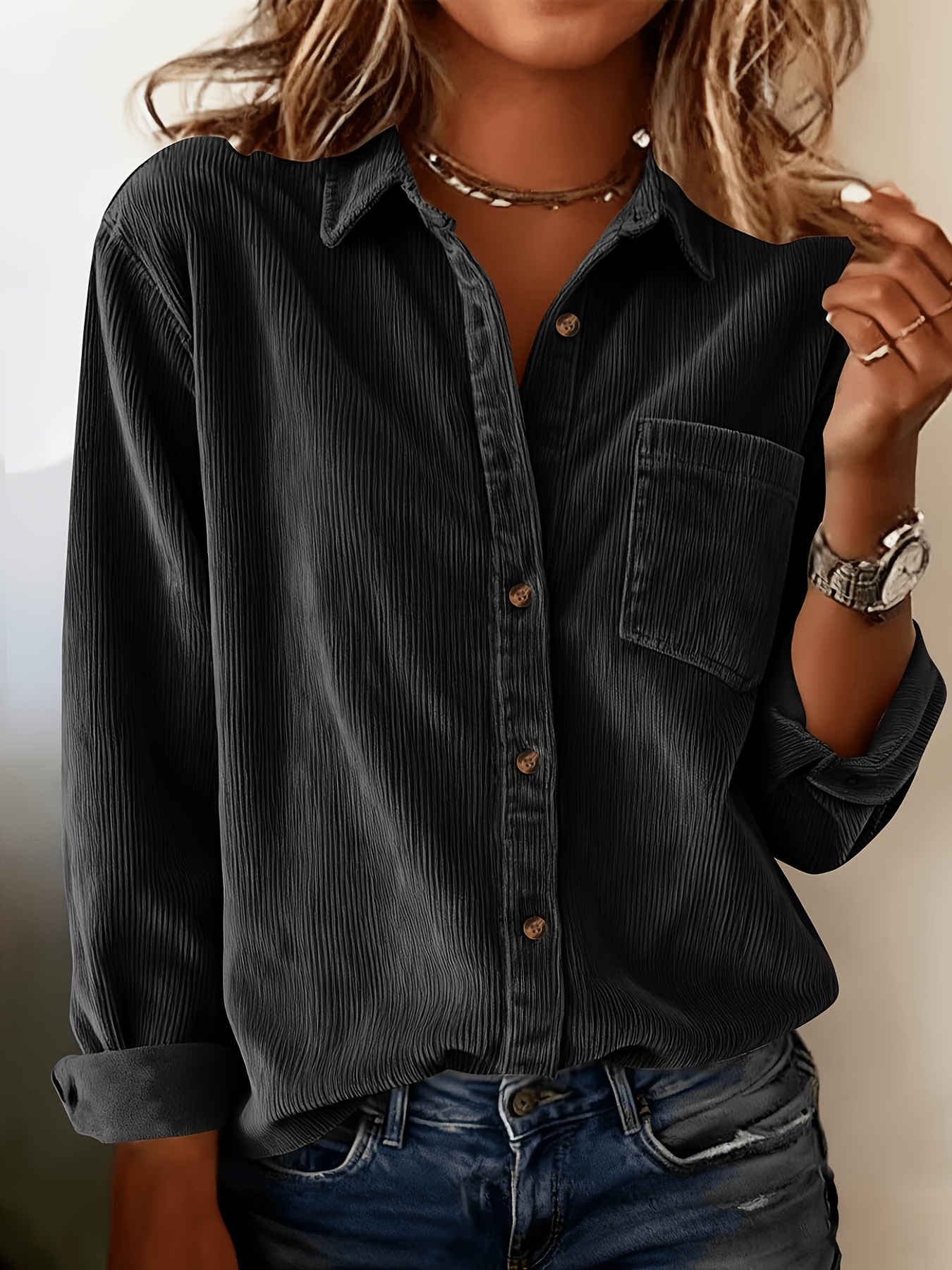 photo de l'article veste chemise   en velours   de couleur   pour femme,   automnal, look  , haut à    