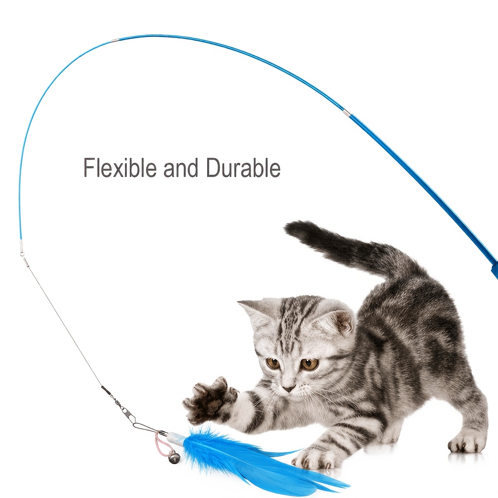 TEMU Interactive Cat Toy Wand Set - 3-section Telescopic Fishing Rod Style, Includes 1pc Blue Feather Replacement Head, Suitable For Indoor Adult And