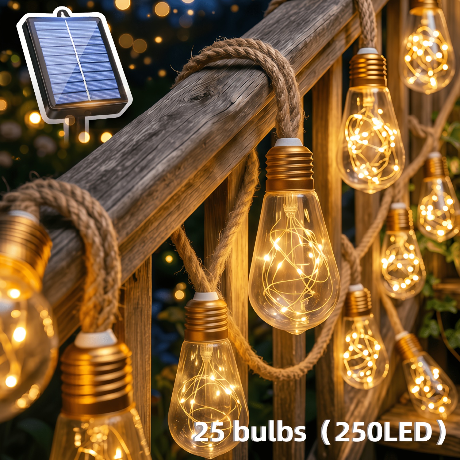 TEMU 1 Pack Solar Outdoor String Lights With 25/10 Vintage Bulbs, 12 Garden Fairy Lights In Warm White. Suitable For Courtyard, Garden, Christmas