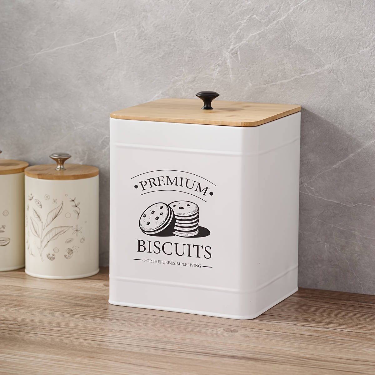 1pc Cookie Storage Jar - Airtight Lid, Elegant White & Natural Wood accents, Sturdy Iron Construction - Kitchen Countertop Organizer for Cookies, Biscuits, Snacks - Decorative "Premium Biscuits" Label - Ideal Gift for Home Bakers & Food Preservation Enthusiasts, Charming Kitchenware, Smooth Finish
