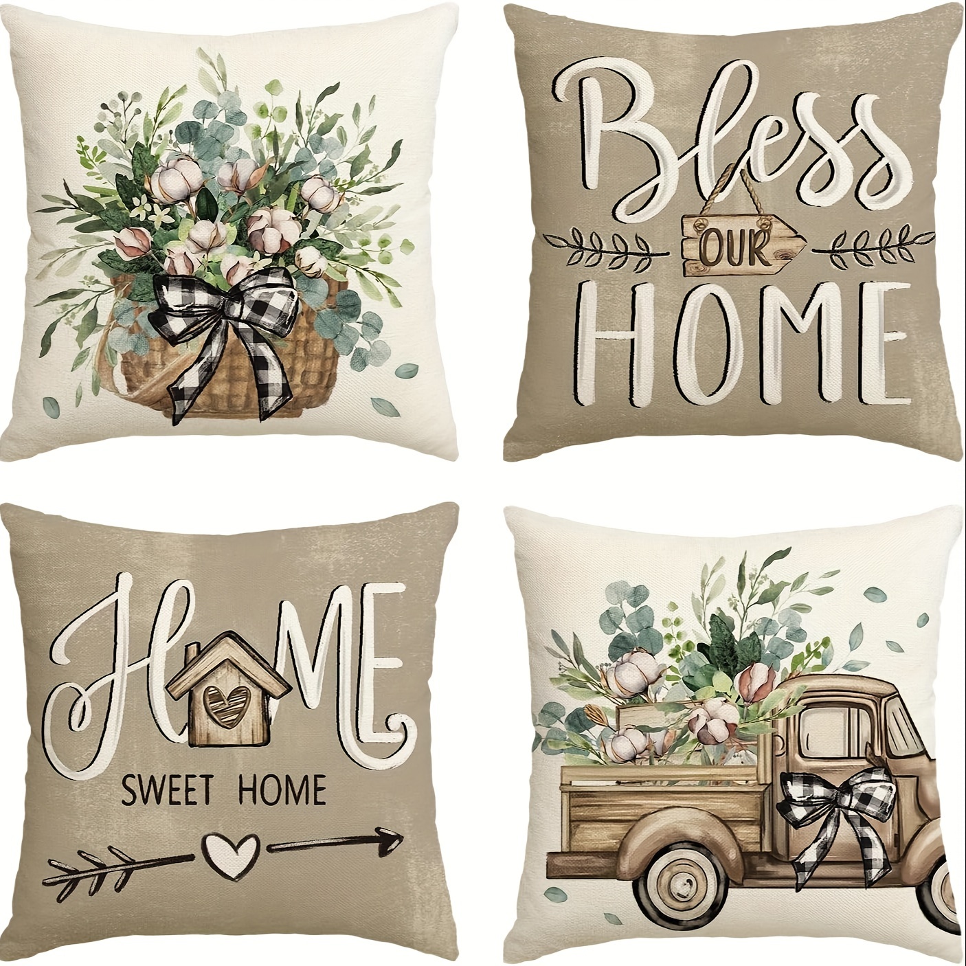 

4 Pcs Linen Pillow Covers - Farmhouse Decor With Eucalyptus Leaves And Trucks - Contemporary Style - Machine Washable - Zipper Closure - Suitable For Room Types - Woven Cover Material