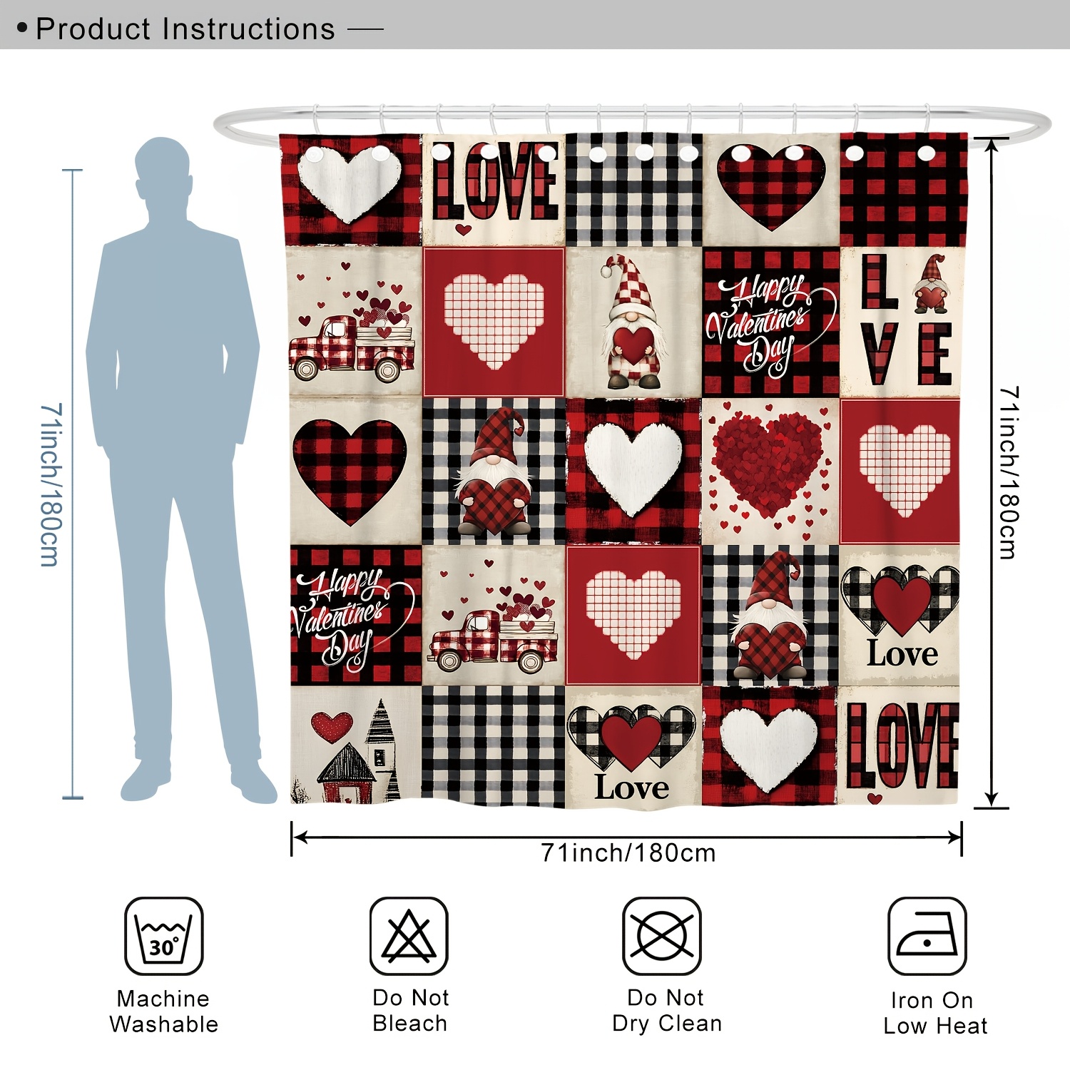 TEMU 1/4pcs Happy Valentine's Day Decoration Shower Curtain Set Gnome Love Heart Truck Shower Curtain Washable For Bathroom Shower Ornament Gift Home With12hooks Non-slip Bath Mat Toilet Lid Cover Mat