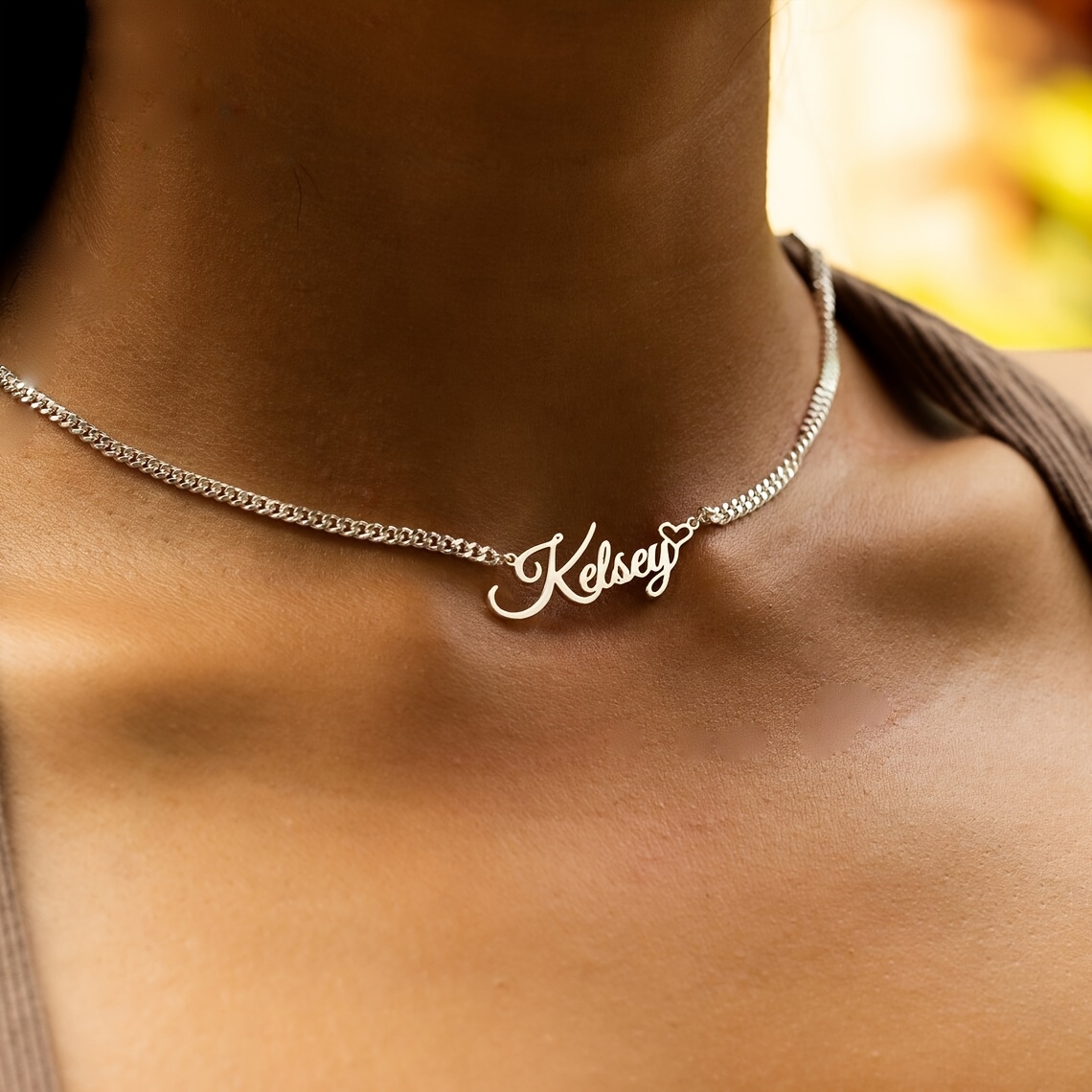 

Customized 4mm Cuban Chain Sexy Name Necklace, Personalized Minimalist Heart Name Necklace, Stainless Steel Nameplate Pendant Necklace, Accessory, Women's Trendy Jewelry.