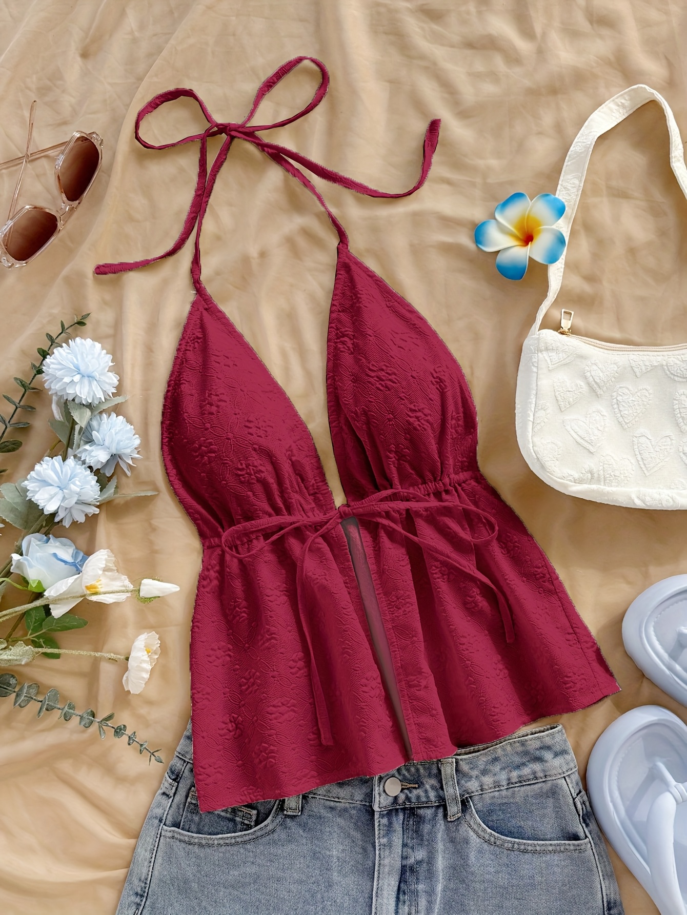 Solid Color Floral Texture Cute Top