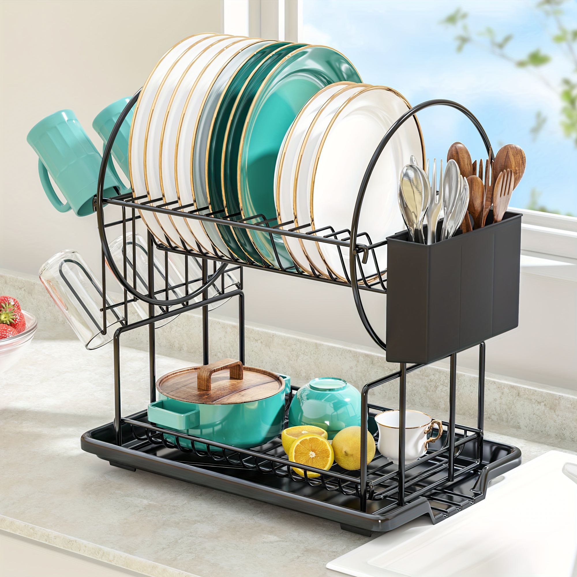 Deluxe Double-Tier Black Stainless Steel Dish Rack with Draining Function  Utensil Holder Drip Tray Kitchen Counter Organizat