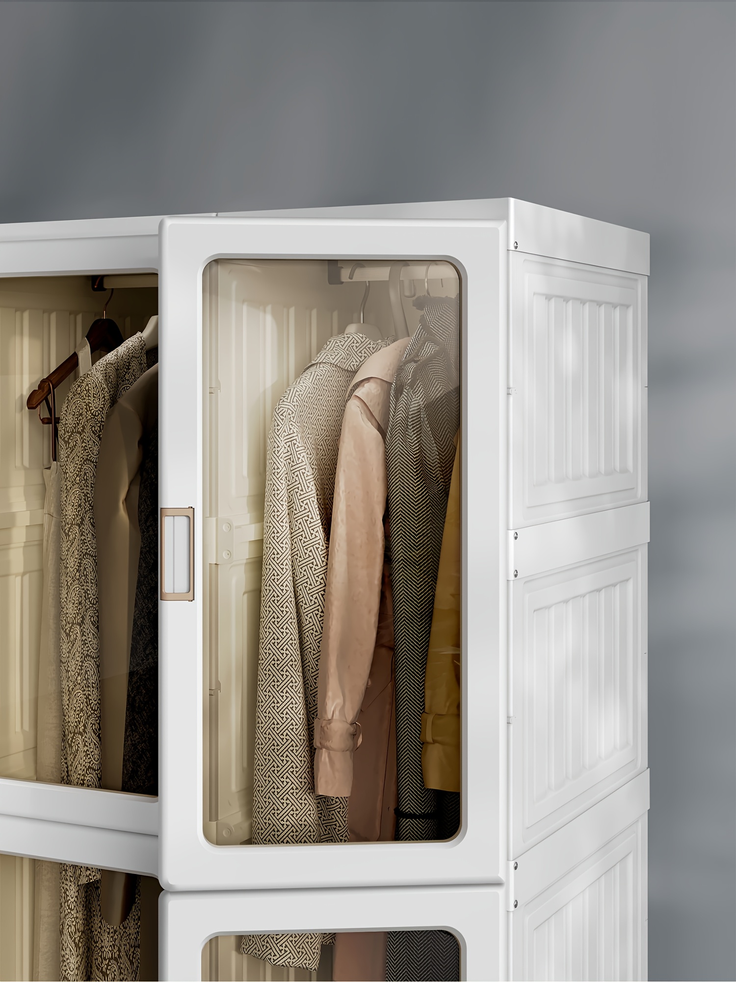 Magnetic Transparent Door Portable Wardrobe, with A Sturdy, Foldable Frame And Easy Assembly. Features 2 Or 3 Hanging Rods for Clothing Storage, Suitable for Bedrooms, Living Rooms, Dormitories, And Apartments.
