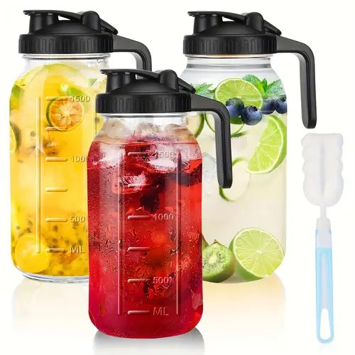 64oz heavy duty glass mason jar with pour spout handle lid cold brew coffee iced tea breastmilk and wide mouth design for easy pouring and reusable use liquid dispensing feature reusable drinkware