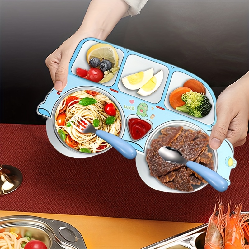 3pcs creative cartoon car compartment dinner plate including 304 stainless steel bowl fork and spoon novelty durable stackable detachable portion control   meal for   restaurant party outdoor picnic camping lunch buffet