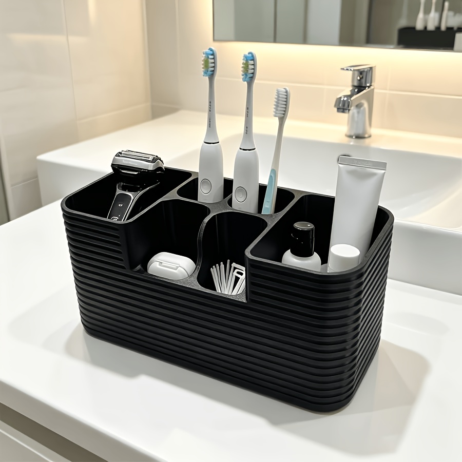 TEMU Porte-brosse à dents, Organisateur de comptoir de salle de bain à plusieurs compartiments, Étagère de coiffeuse à fentes multiples de grande ,
