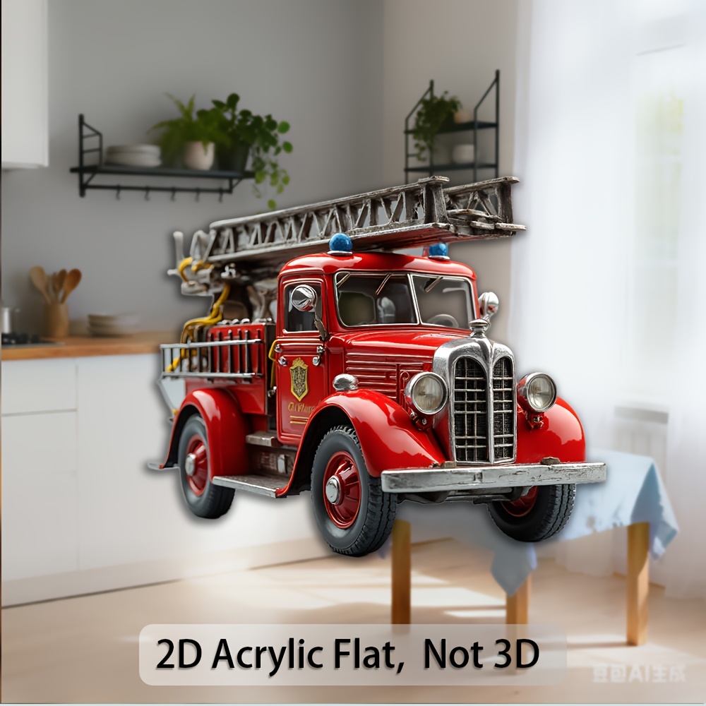 TEMU A 2d Flat Acrylic And Rubber Soft Magnetic Badge Featuring A Vintage Fire Truck Design - With Classic Styling And A Blue Siren - Perfect For