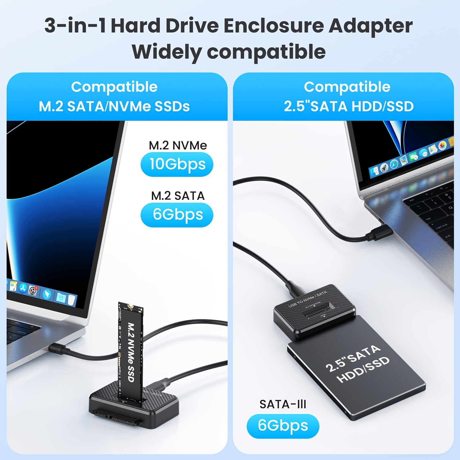 Station d'accueil portable pour NVMe vers USB 3.2 à 10 Gbps, conçue pour les SSD M.2. Cette boîtier externe prend en charge les SSD NVMe PCIe et SATA M.2, prenant en charge les tailles 2280, 2260, 2242 et 2230