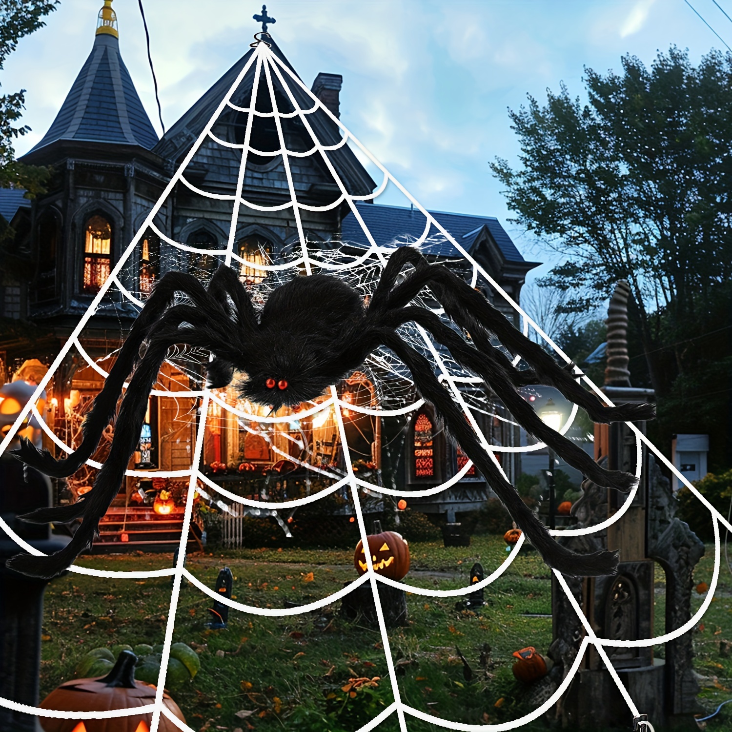 

1 Halloween Decorations 13.4ft Spider Web, 5 Stakes, Halloween Decors For