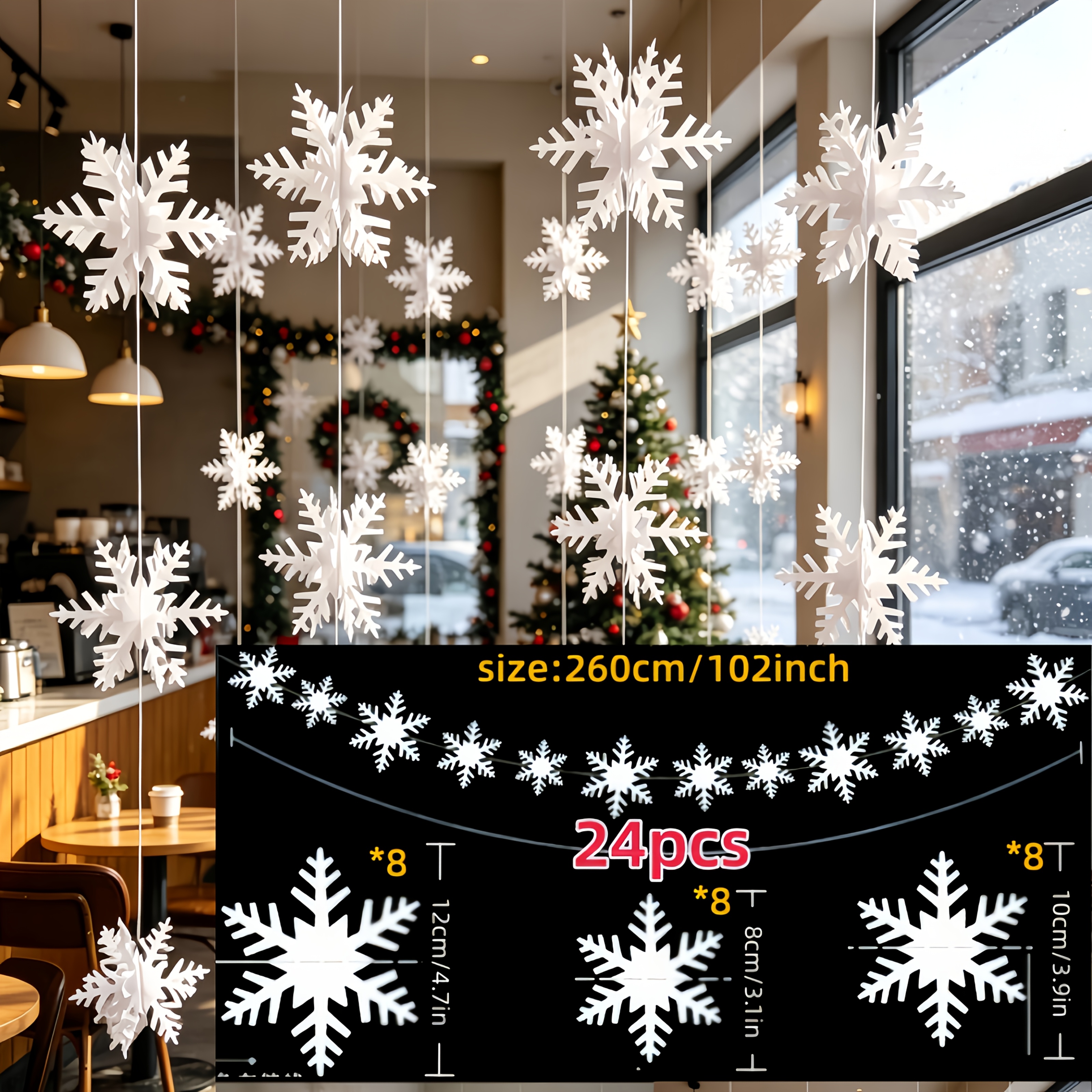 TEMU Lot de 24 pièces - Décorations suspendues de Noël et d'hiver de de neige avec pompons à cordon et cordes de suspension - Ornements en papier 3D