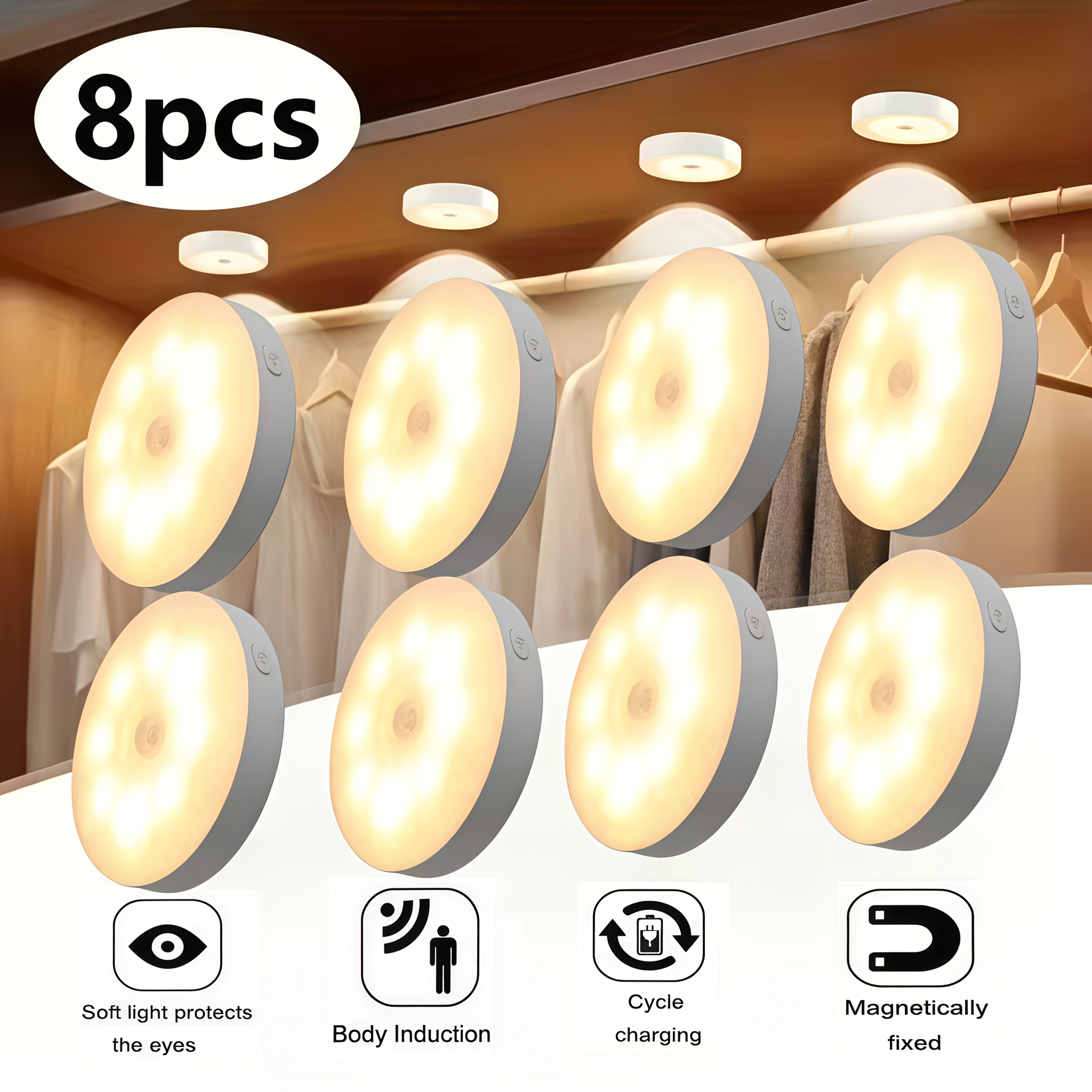 8-delni LED pametnih nočnih luči s senzorjem gibanja, USB polnjenje, senzor gibanja, nastavljiva svetlost, magnetna namestitev, enobarvne,