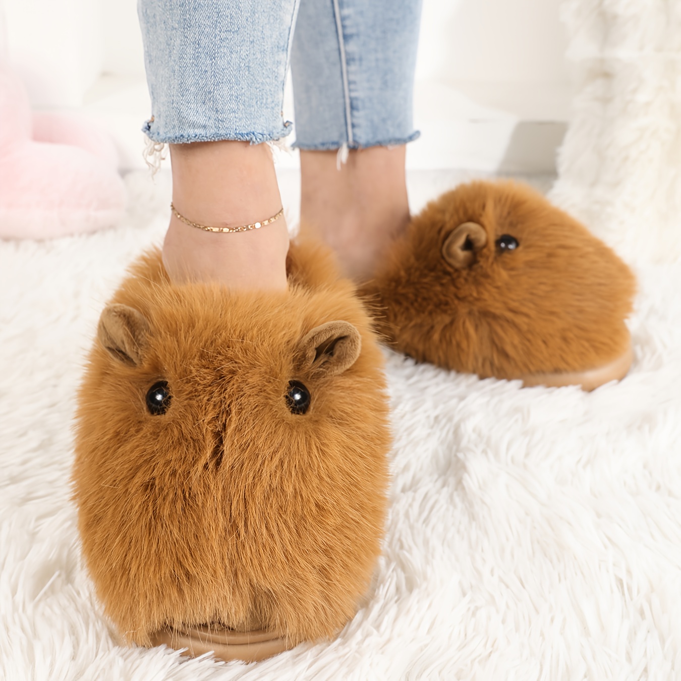 女士冬季水豚拖鞋一双 - 毛绒水豚脸和水豚耳朵，柔软面料鞋面和缓冲鞋垫，防滑橡胶鞋底，可爱拖鞋，室内鞋，趣味设计，舒适鞋，休闲穿着，耐用结构 7