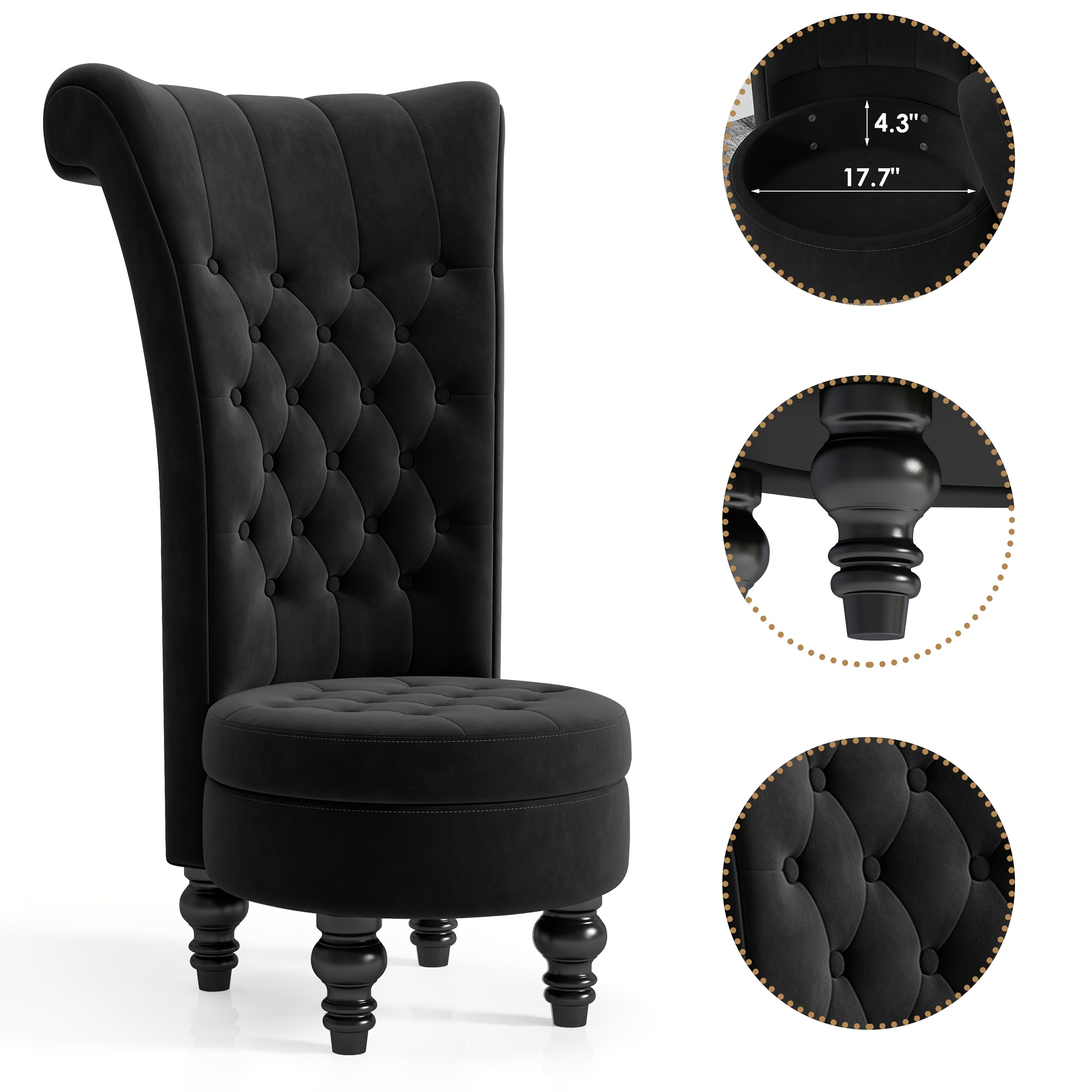 Royal High Back Chair, Velvet Armless Accent Chair with Button-Tufted & Rubberwood Legs, Regal Elegance Throne Chair for Living Room, Dressing Room, Bedroom
