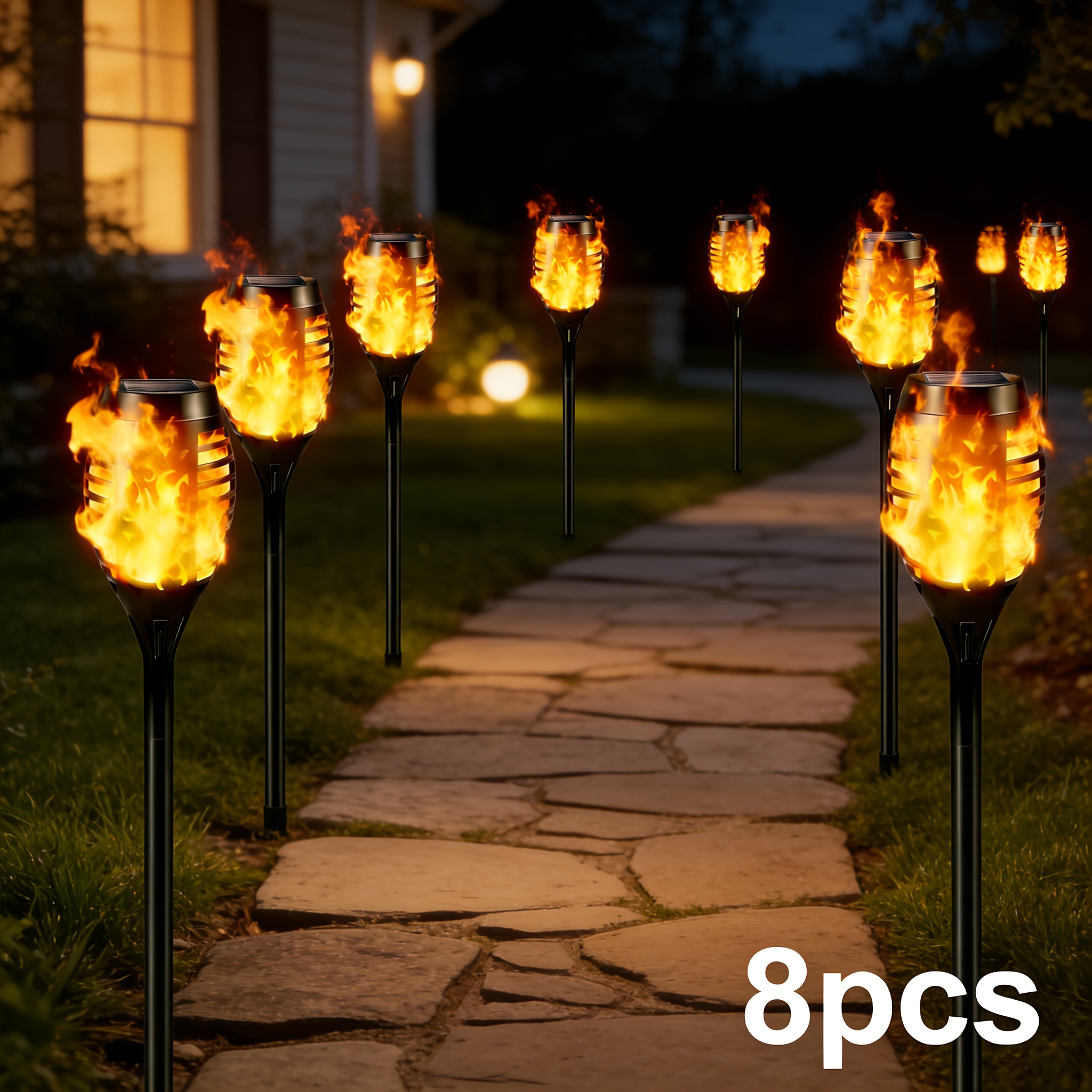 TEMU Solar Torch Lights Set Of 8, Designed For Outdoor Use, And Energy-. Charges Automatically During And Turns On At Night With A Sensor. Features A