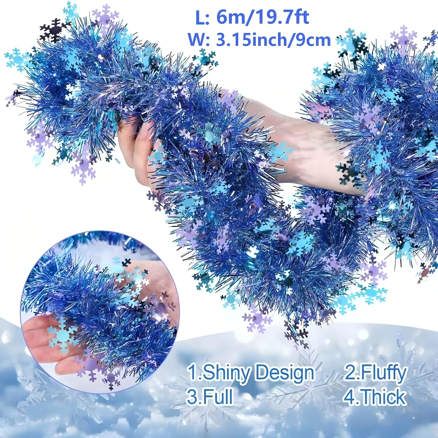 TEMU 19. Blue-purple Christmas Tinsel Garland With Snowflake Ornaments Metallic Twist Shiny Xmas Decorations Tree Garlands For Home Mantle Office