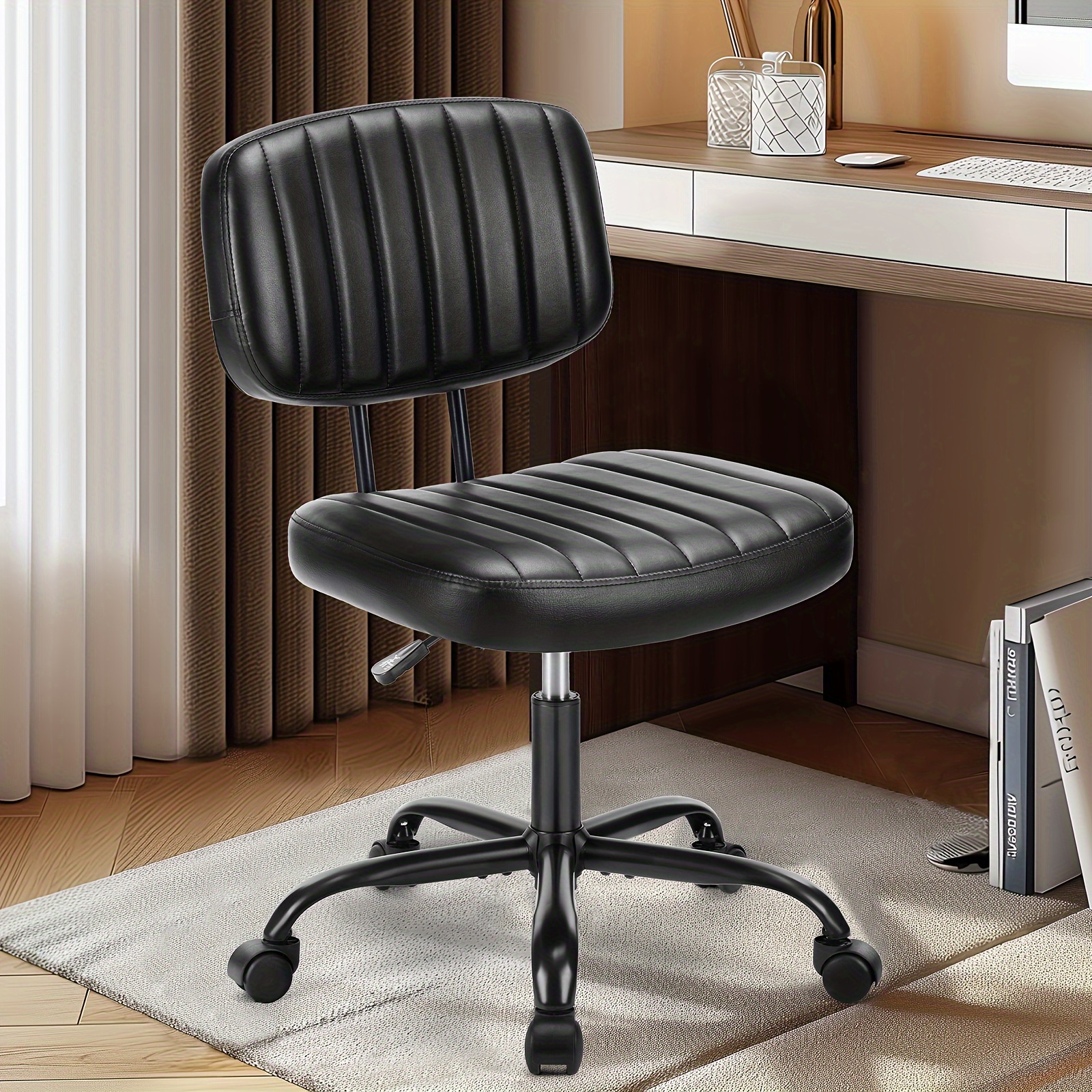Small Desk Chair Armless, Comfortable Office Chair with Wheels, Rolling Task Chair with Low Back Lumbar Support, Vanity Chair for Bedroom Living Room Study Room, PU Leather 6 Small Desk Chair Armless, Comfortable Office Chair with Wheels, Rolling Task Chair with Low Back Lumbar Support, Vanity Chair for Bedroom Living Room Study Room, PU Leather - Image 6