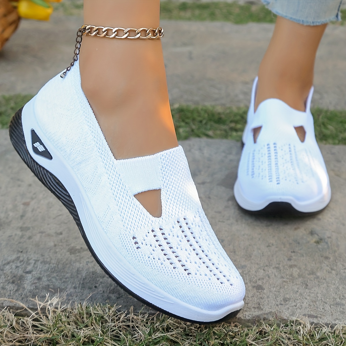 Image of Casual Breathable Slip-on Walking Shoes For Women With Cut-out Design, Lightweight Outdoor Flats.