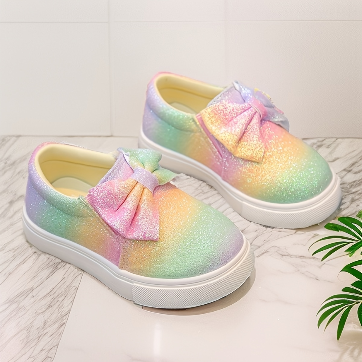 Girls' Sparkly Rainbow Glitter Slip-On Sneakers with Bow Detail - Soft  Fabric Lining \u0026 TPR Sole, Cute Casual Shoes for Casual Attire * *, image size:1200x1200