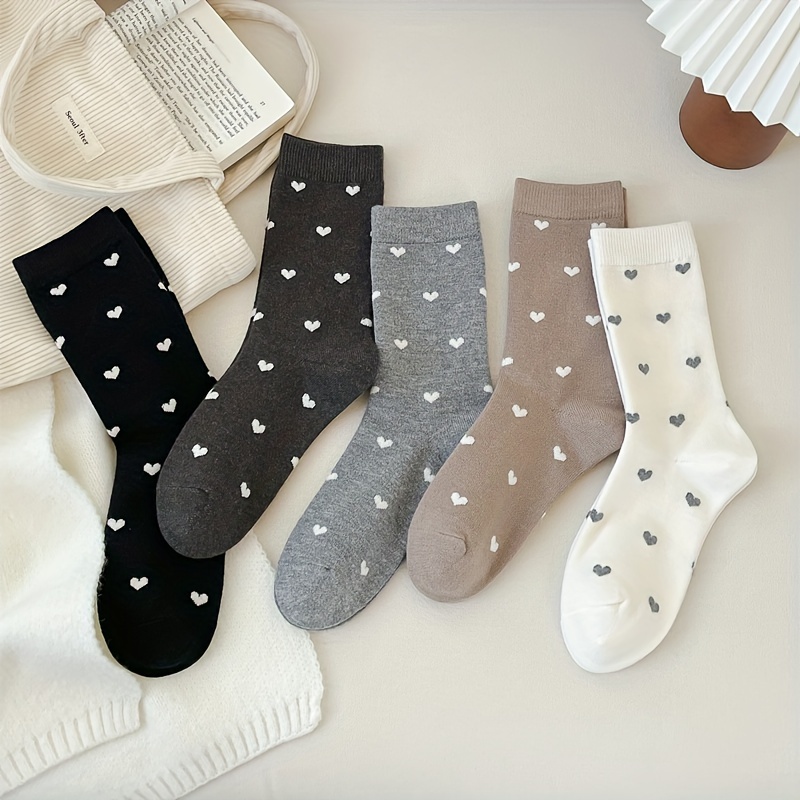 

5 Pairs Heart Print Socks, Fashion Mid Tube Socks For Fall & Winter, Women's Stockings & Hosiery