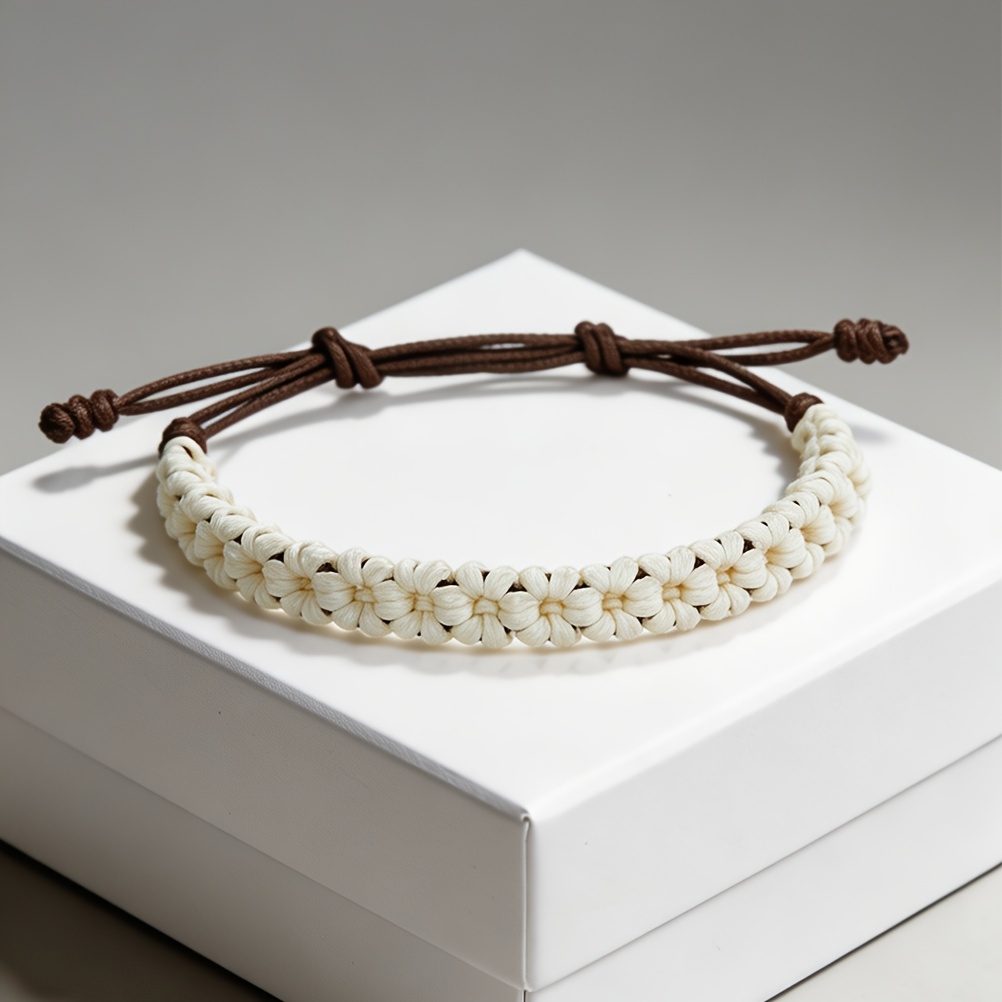 TEMU Correa de muñeca tejida floral de de 1 pieza, diseño de de dos , de calados a , estilo con cordón ajustable, un accesorio de estilo diario y