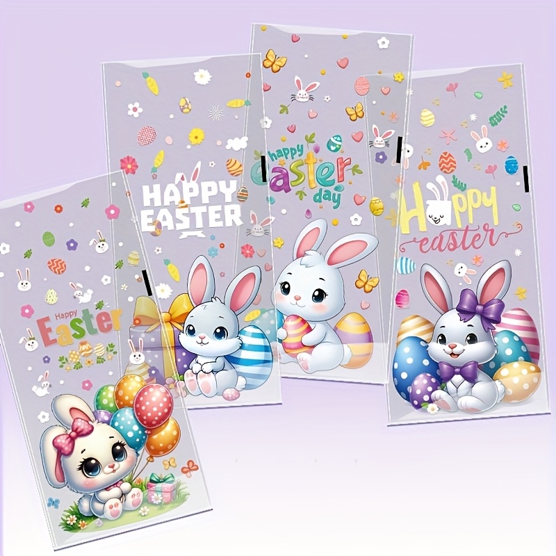 

50pcs Easter Bunny & Egg Gift Bags With Twist Ties - "happy " Gift Packaging Featuring Adorable Rabbits, Decorated Eggs, Flowers & Butterflies - Ideal For Holiday Parties & Celebrations, Gift Bags