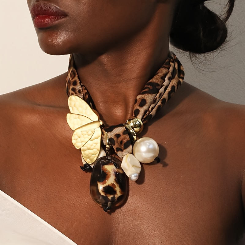 TEMU Bufanda Collar con Estampado de Leopardo , de Metal y Cuentas de Perla , Único y