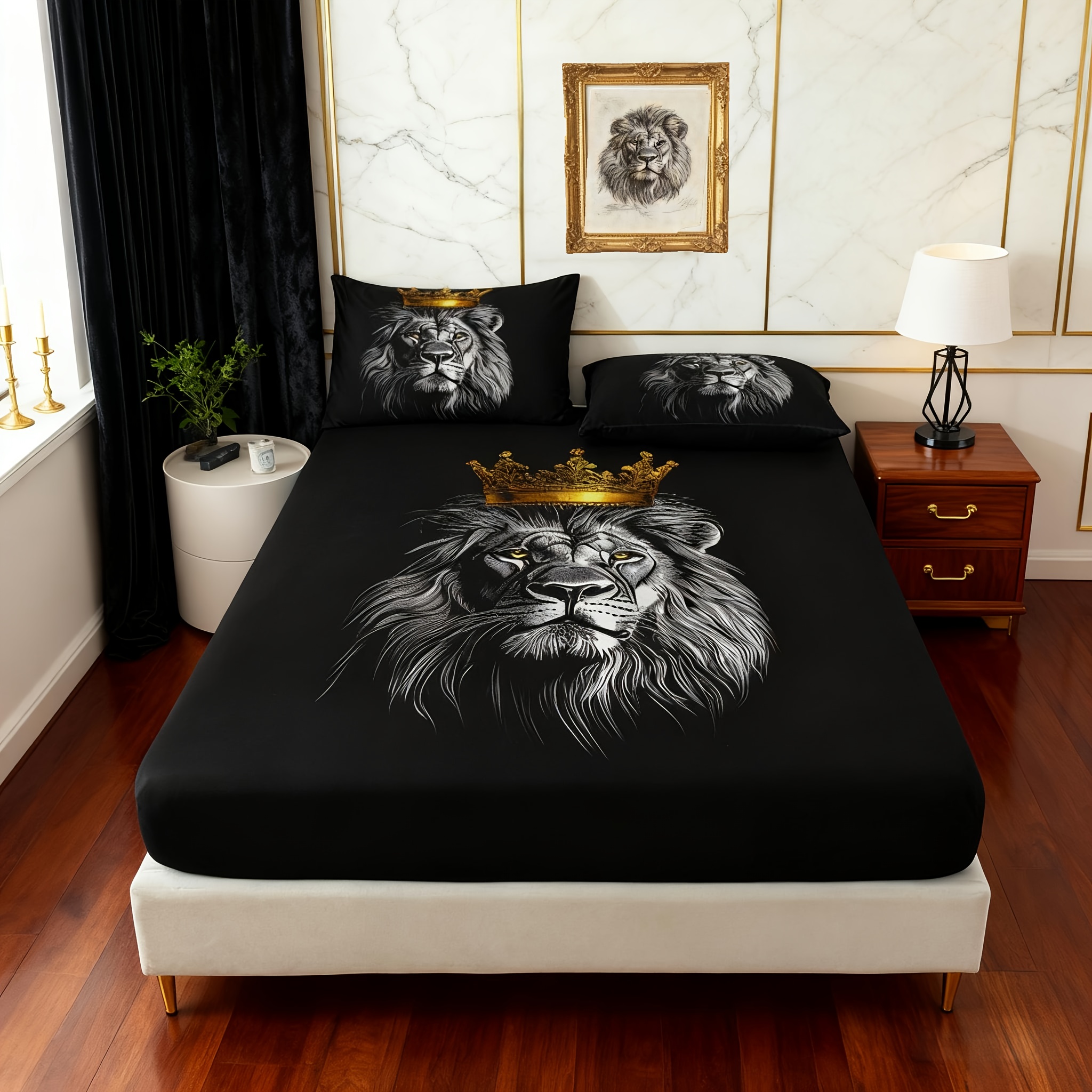 3pcs Animal Lion Print Fitted Sheet Set, Queen Mattress Cover, Double Mattress Protector, King And Queen Style Bedding Set, Polyester, Machine Washable, Bedroom Guest Room, Birthday Gift (1 Fitted Sheet + 2 Pillowcases, No Filler)