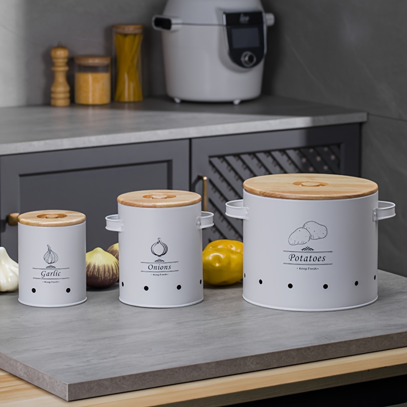 

Set Of 3 Vintage-style Metal Storage Jars With Wooden Lids - Garlic, Onions, And Potatoes - Perfect For Organizing Your Kitchen