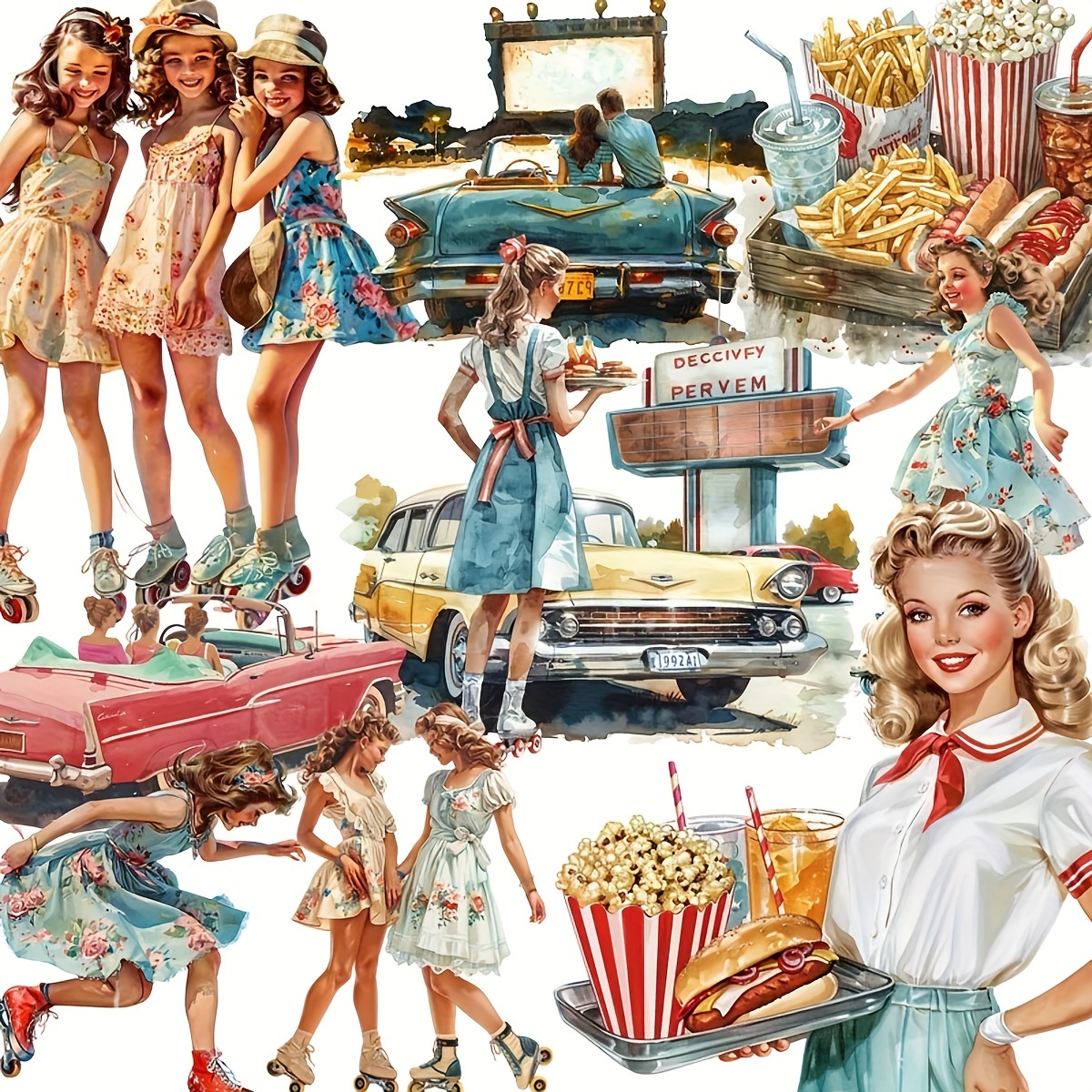 

Vintage American Life Roller Skating Girls Stickers - Set Of 12 Creative Diy Decorative Stickers For Scrapbooking, Journals, And More