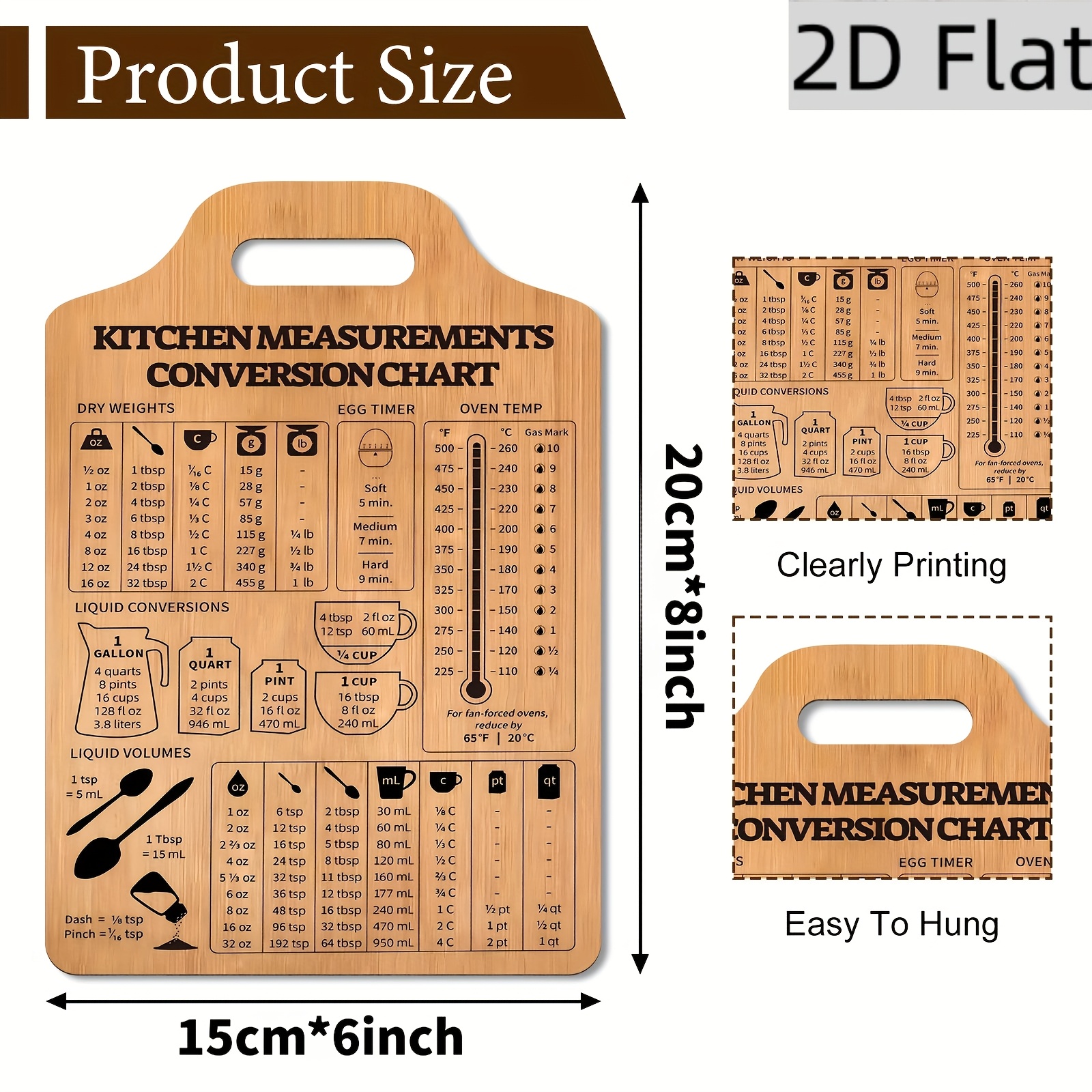 TEMU 2d Flat, 2d Flat Rustic Wooden Kitchen Conversion Chart Wall Decor - Double-sided Baking And Cooking Guide, Dry/wet Measurements, Liquid