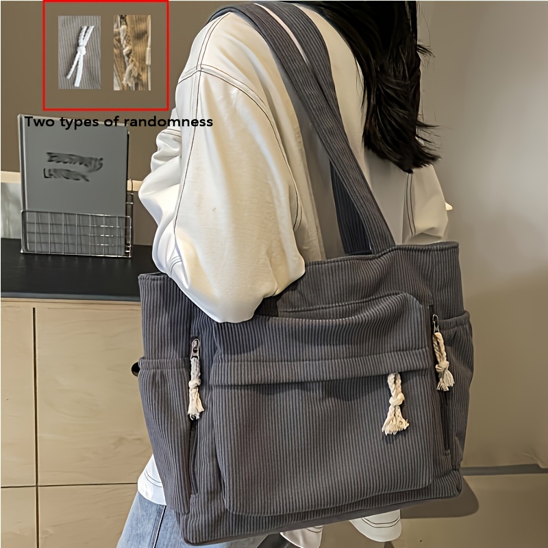 Image of New Large-capacity Women's Shoulder Bag, Striped Corduroy Tote Bag With Multiple Pockets, Suitable For Commuting And Travel, Zipper Random