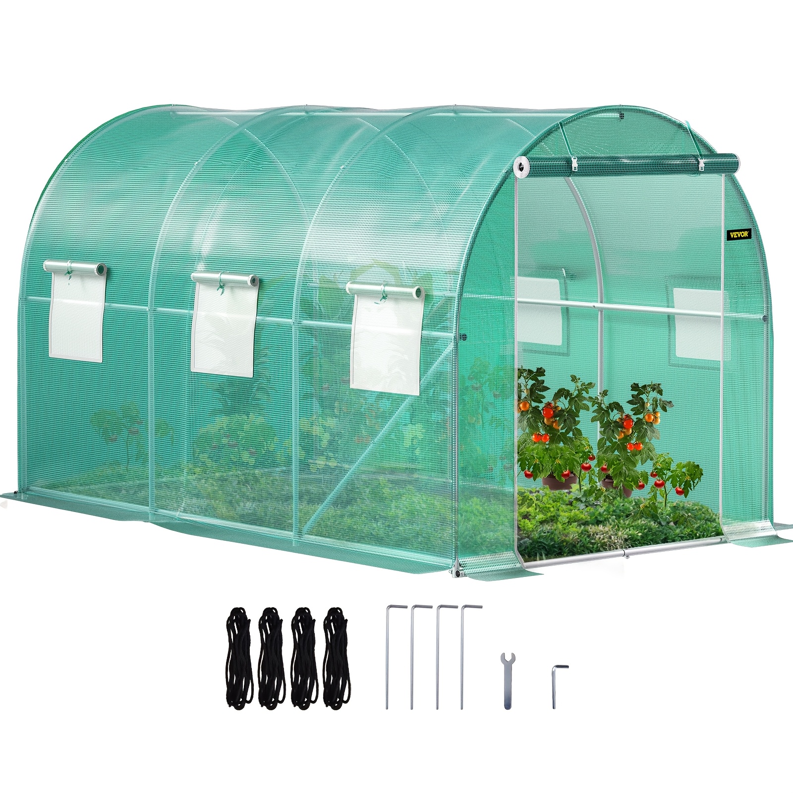 

Vevor Walk-in Tunnel Greenhouse, 12 X 7 X 7 Ft Portable Plant W/ Galvanized Steel Hoops, Beam, Poles, Zippered Door & 6 Roll-up Windows, Green