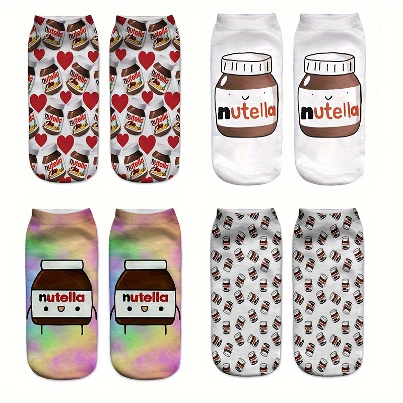 

4 Pairs Cartoon Food Pattern Socks, 3d Fashion Ankle Socks, Polyester Knit Fabric, Machine Washable, Teen Casual Boat Socks