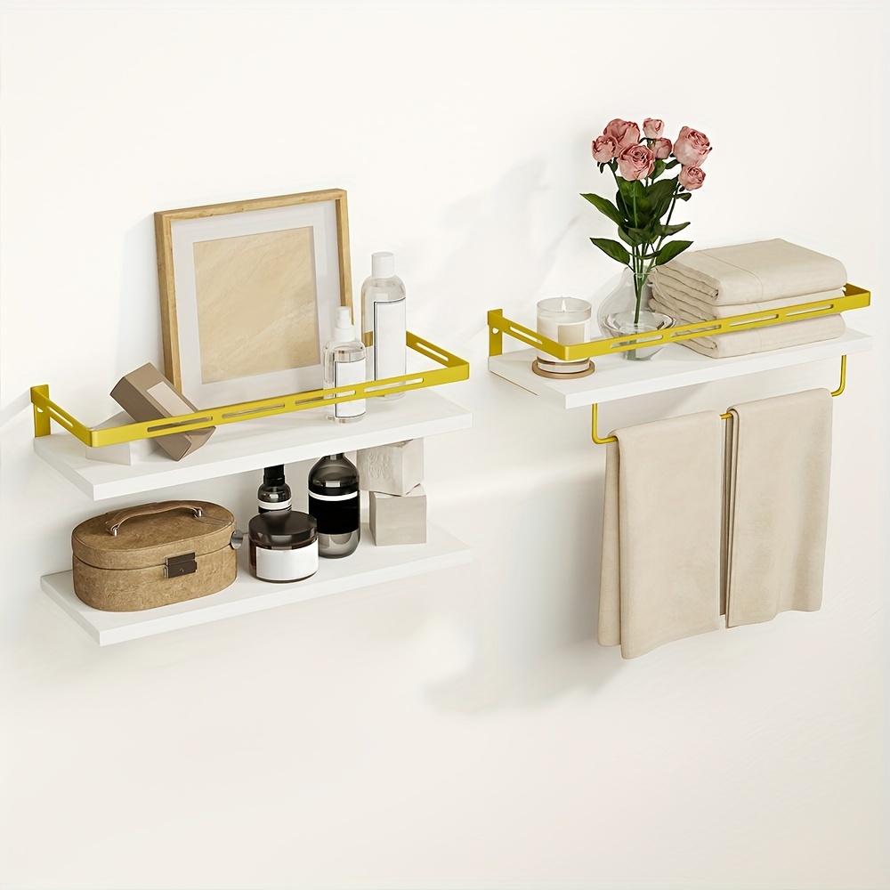 

3+1 Tier Wall Mounted Floating White Shelves With Metal Frame, Rustic Bathroom Shelves Over Toilet With And Golden Wire Storage Basket And Towel Bar For Bathroom, Kitchen, Bedroom