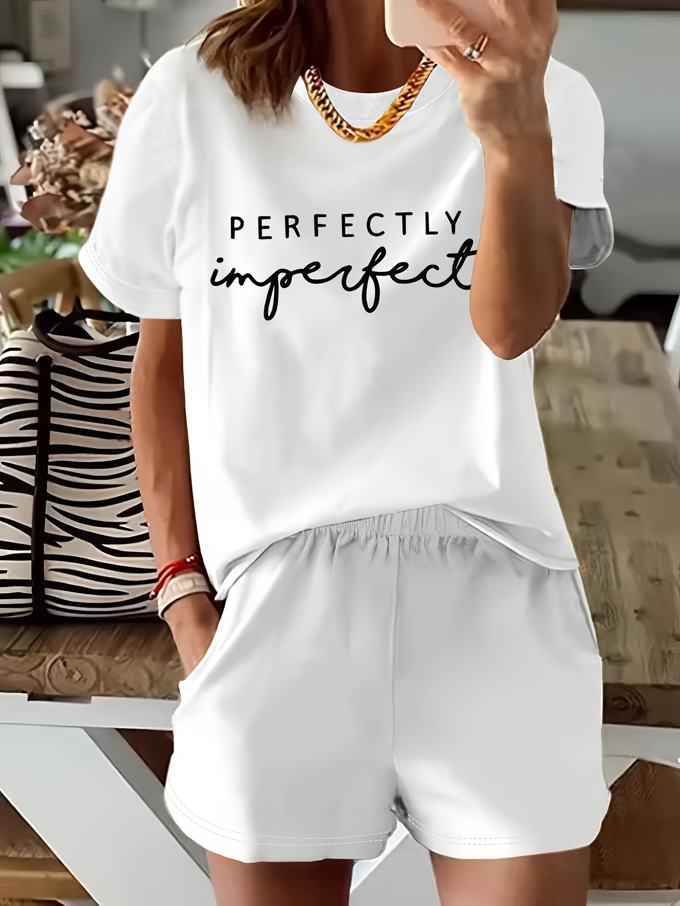 Conjunto Casual para Mujer Piezas con Camiseta Estampada, Tee de Manga  Corta y Cuello y Shorts con Bolsillos y Cintura Elástica Aj