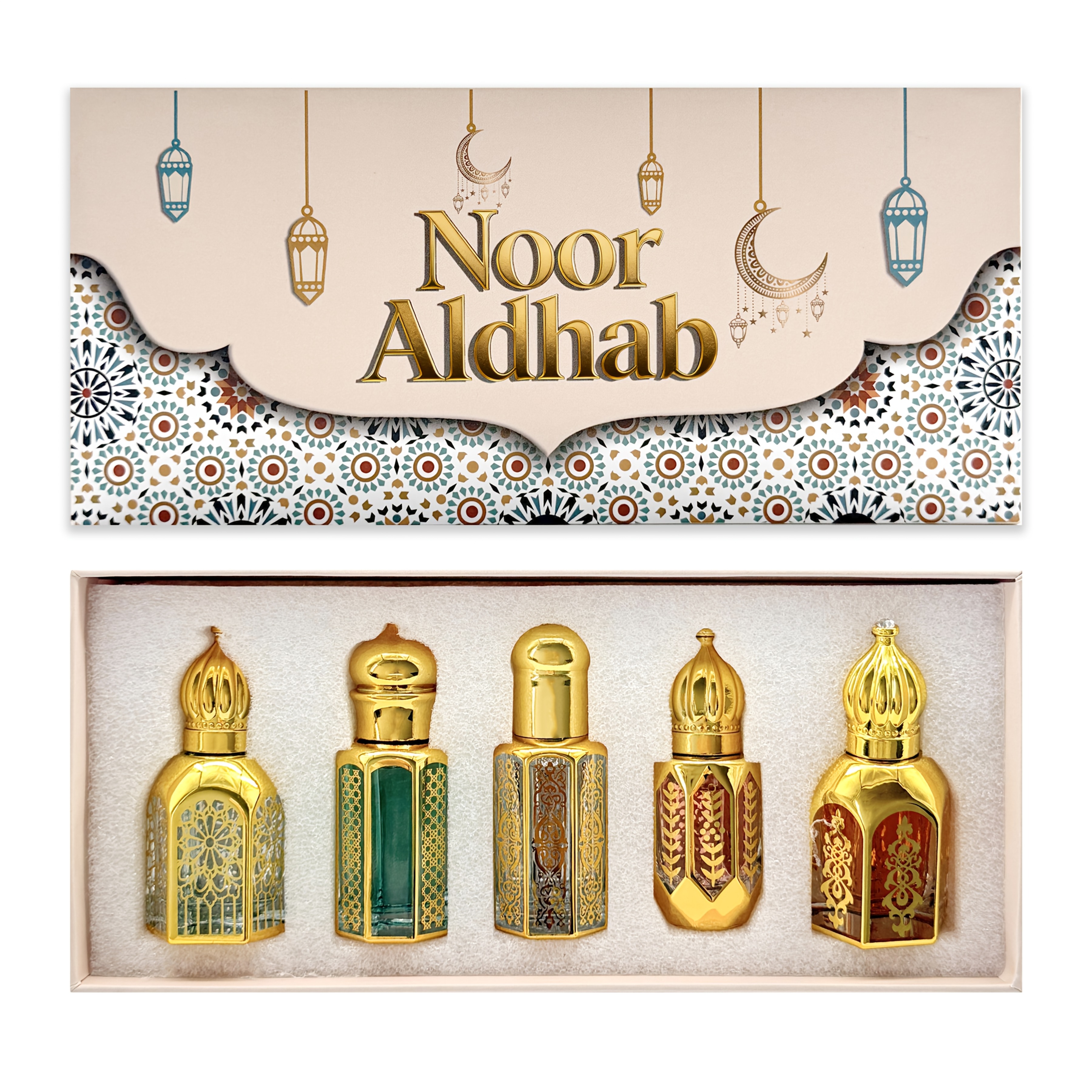 Image of 5pcs Noor Aldhab Middle East Essential Oil Perfume Set, 5 Scents: , Spicy Oriental, Fresh , , Oriental Gourmand, Luxury Arabian Design, Premium Gift Box, Long Lasting, Perfect Gift