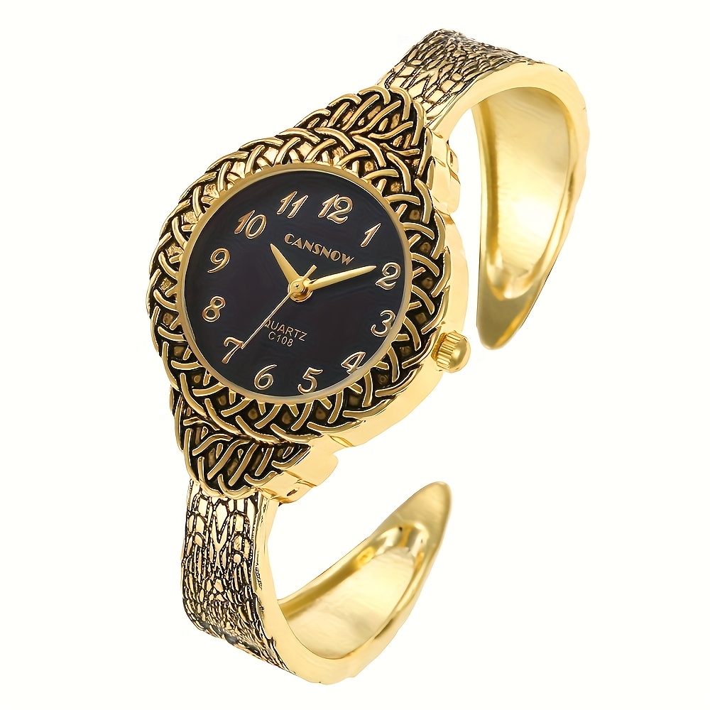 TEMU Elegant Vintage-inspired Women's Quartz Watch - Golden-tone Celtic Knot Bracelet Design, Black Dial, Alloy Band & Case, Non- - Perfect For Formal Or Casual Wear