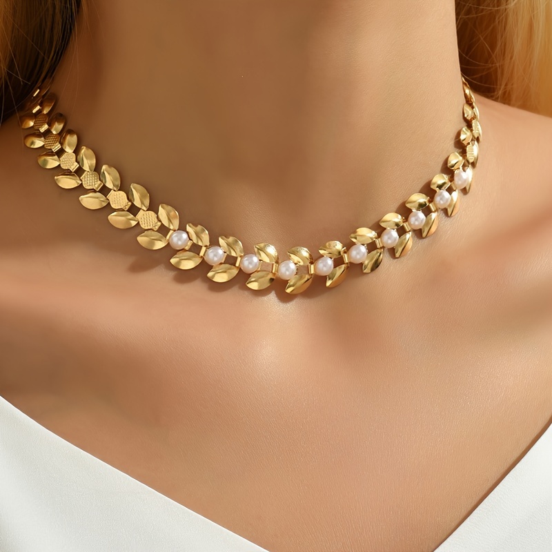 

Elegant Golden-tone Wheat Ear Choker Necklace With Pearls - Vintage Style, Casual Attire