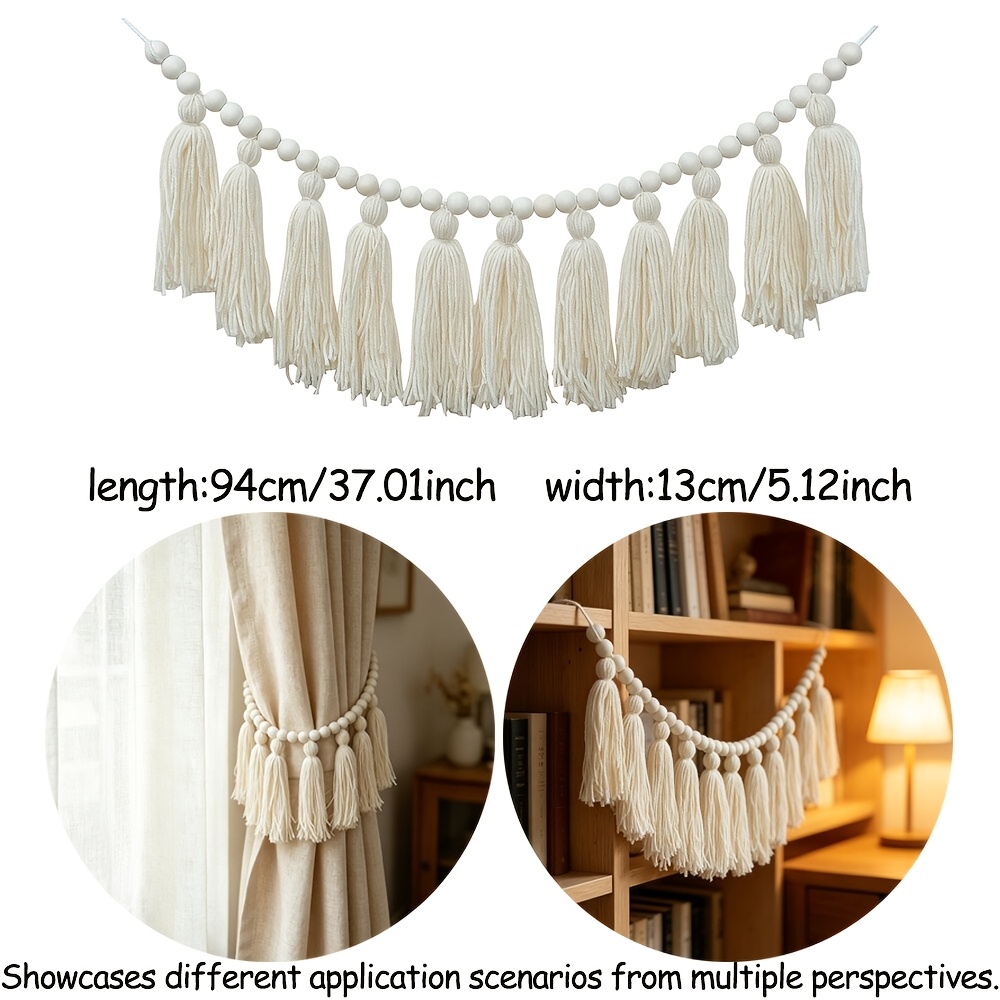 TEMU 1pc Guirlande de pompons beige Décoration Style Bohème Suspension Murale Pompon avec Perles en Bois Chambre de Bébé Franges Tapisserie Pendentif