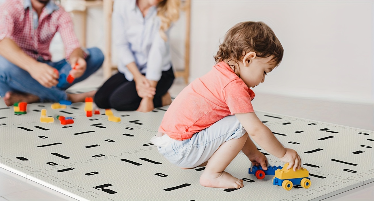   foam play mat for 6pcs interlocking crawling mats easy clean non toxic eva material   indoor outdoor fun stylish designs including   funnel stripe details 7