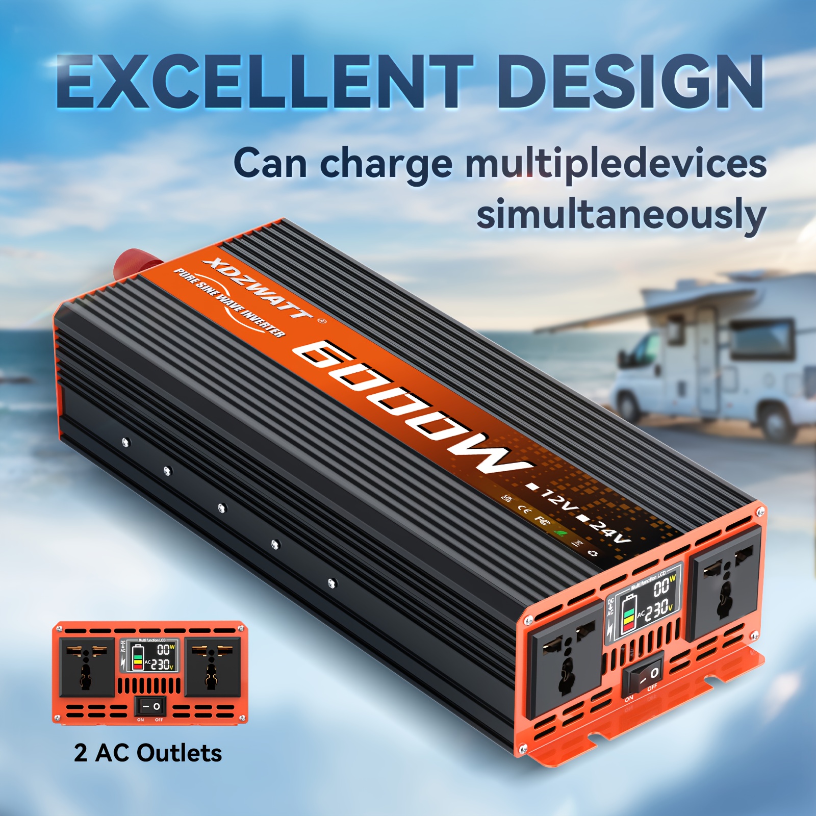 FLAMEZUM 6000W Pure Sine Wave Power Inverter - Heavy-Duty 12V DC to 230V AC Converter with Pure Sine Wave Output, Overload & Short Circuit Protection, Compact Design for RV, Car, Truck, Camping, Emergency Backup, Home, Boat - Compatible with 12V DC Systems, Rv Power Supply, Efficient Cooling System, Durable Construction, Rv Owners, Portable Energy Generator, Power Bank For Car Use Korean Type V Large Capacity, Portable Power Station, Solar Inverter, Hybrid Inverter, Pure Sine Wave