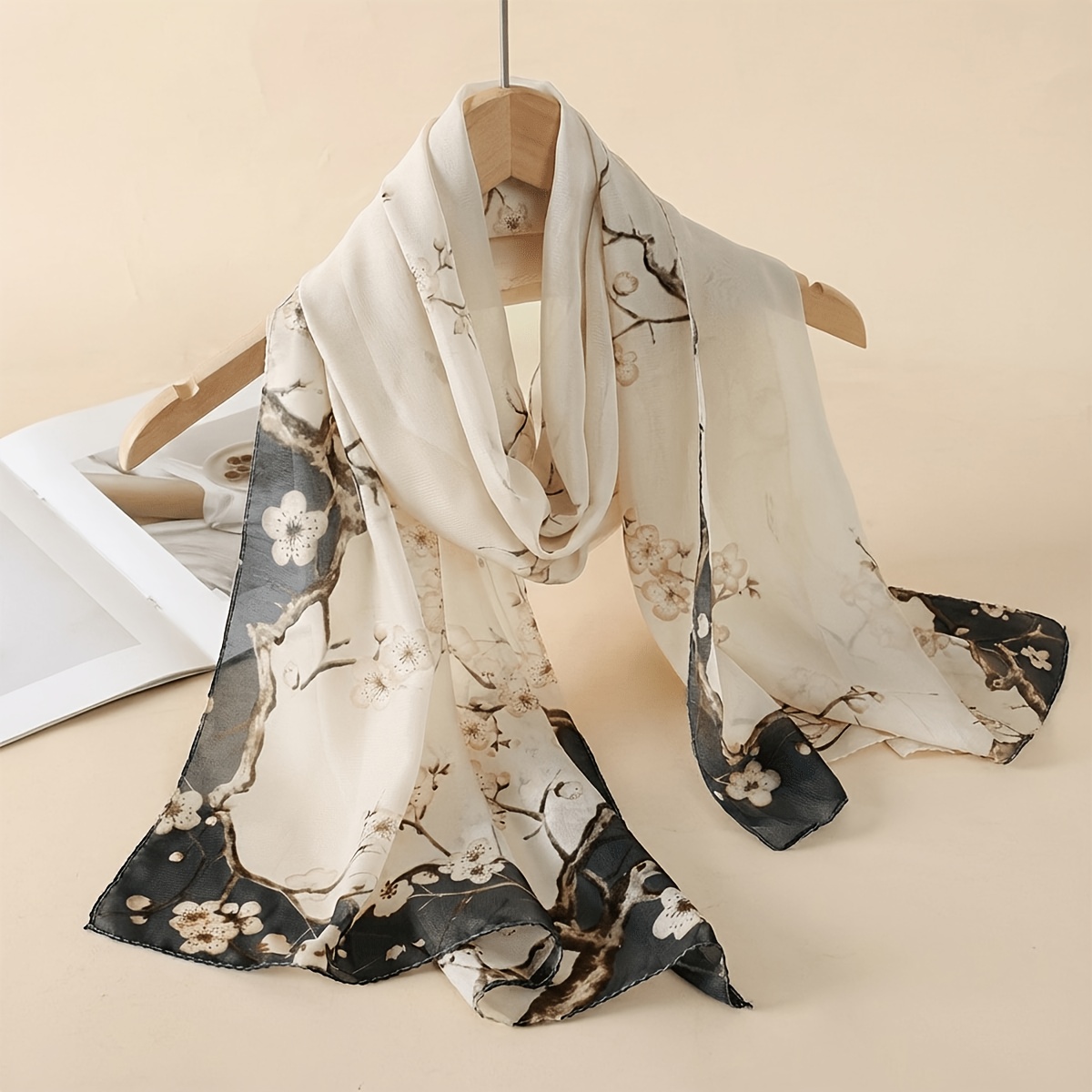 TEMU 1pc Women's Vintage Ink Plum Chiffon Long Scarf, Oriental Floral Lightweight Women's Shawl, Headscarf And Scarf. Vintage Ink Plum Chiffon Long