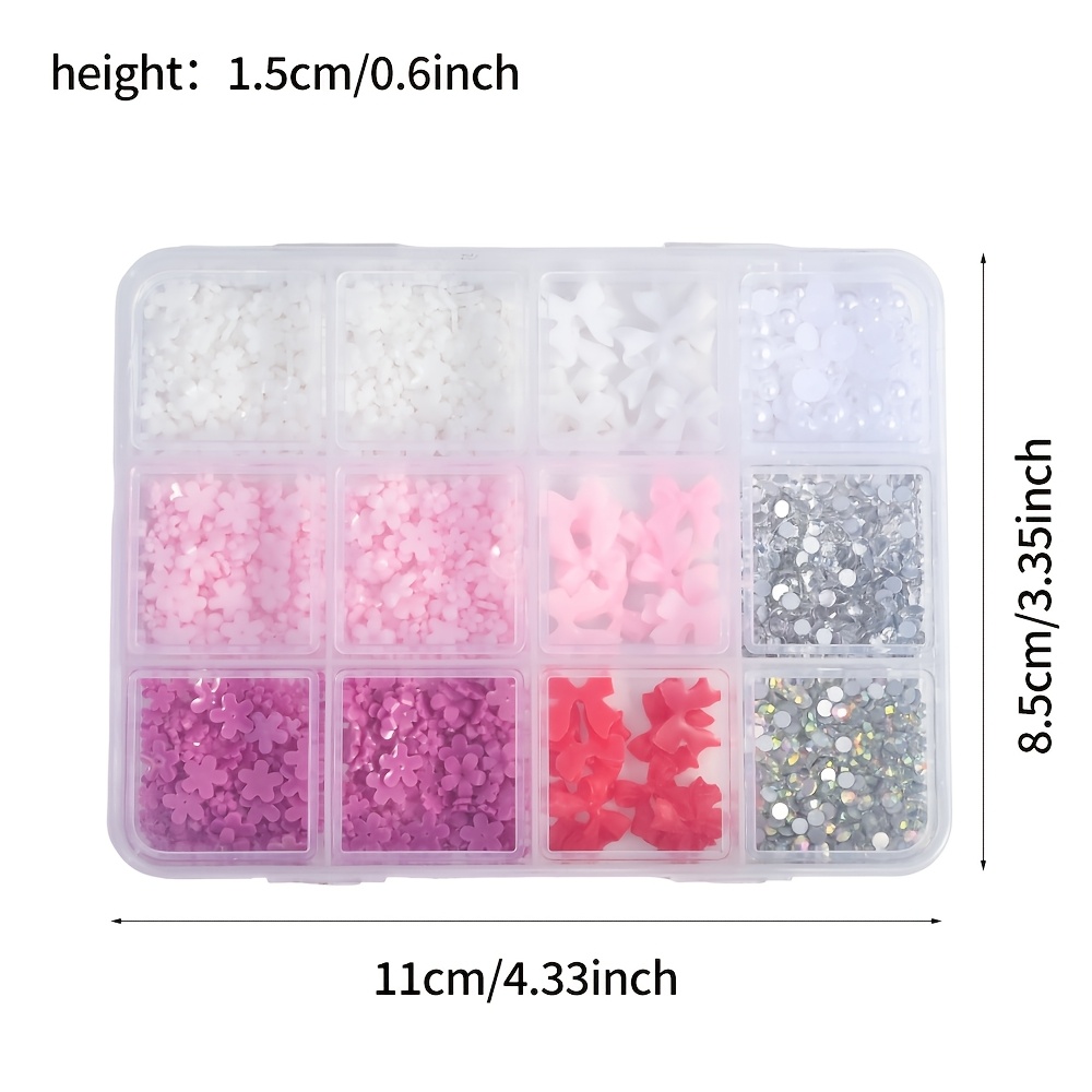 TEMU Juego de decoraciones para uñas de 12 compartimentos con y flores - Kit de , flores y dijes acrílicos 3D para diseño de uñas DIY