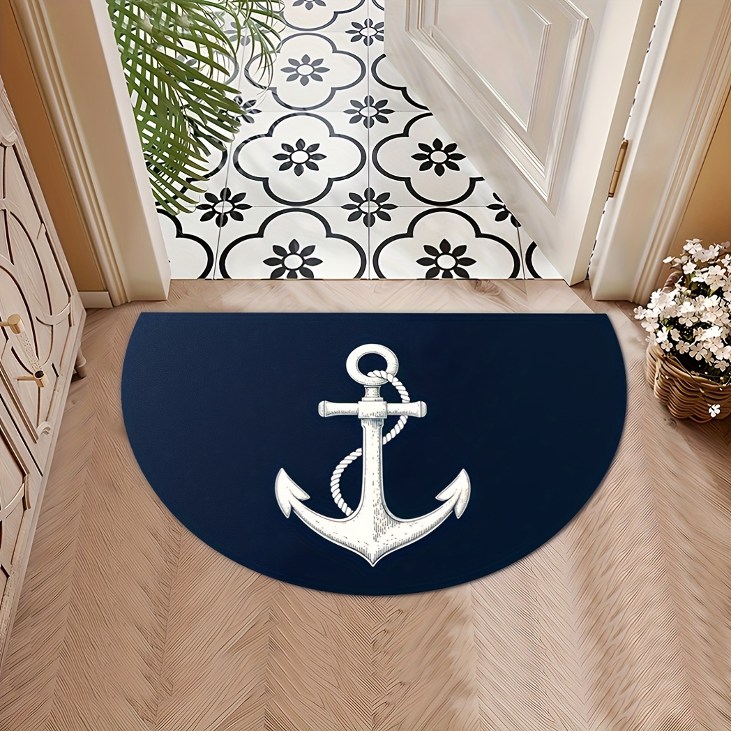 TEMU A Semi-circular Doormat With An Anchor Pattern, Absorbent And Non-slip, Machine Washable, A Modern Navy Blue And White Art Mat For Front Door
