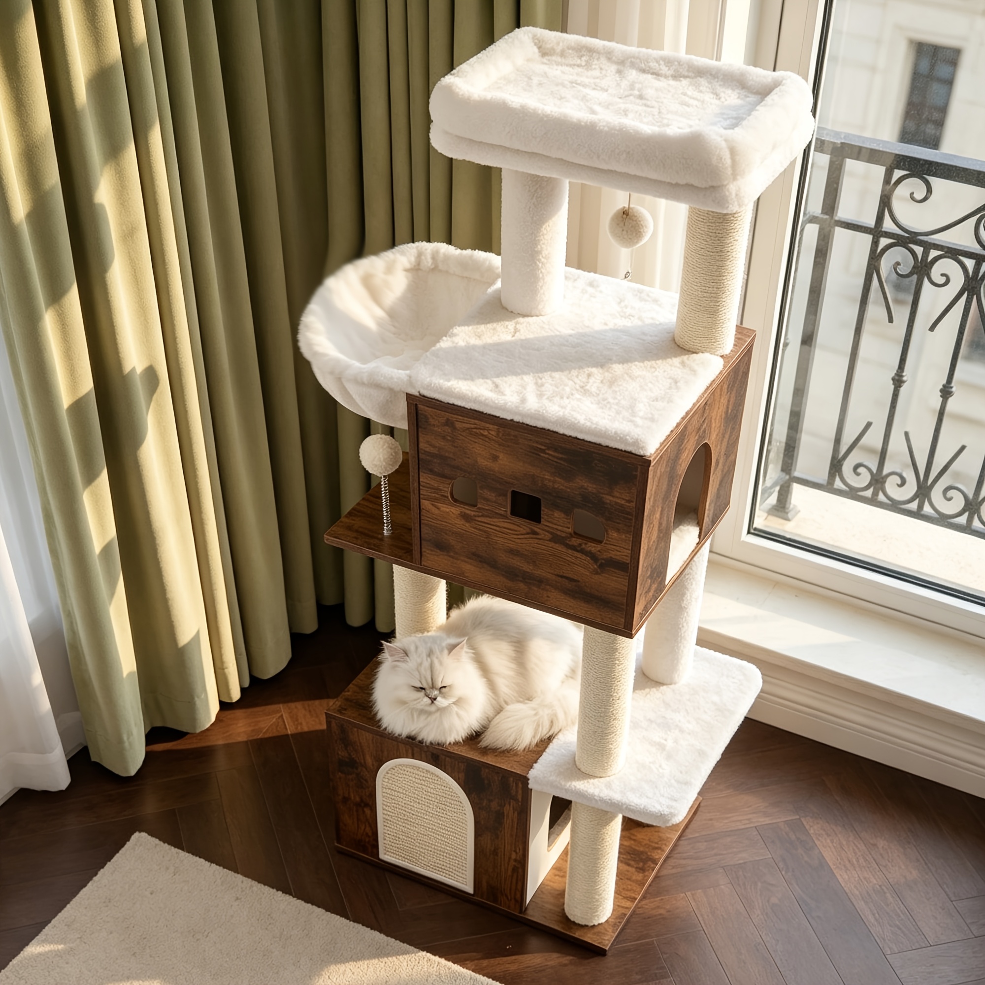 Image of 132cm Wooden Cat Tree, Featuring 4 Sisal-wrapped Posts, 2 Cat Houses, 1 Platform, And A Climbing Frame With Soft Padding, Made From Comfortable Plush Fabric, Suitable For A Of Interior Styles