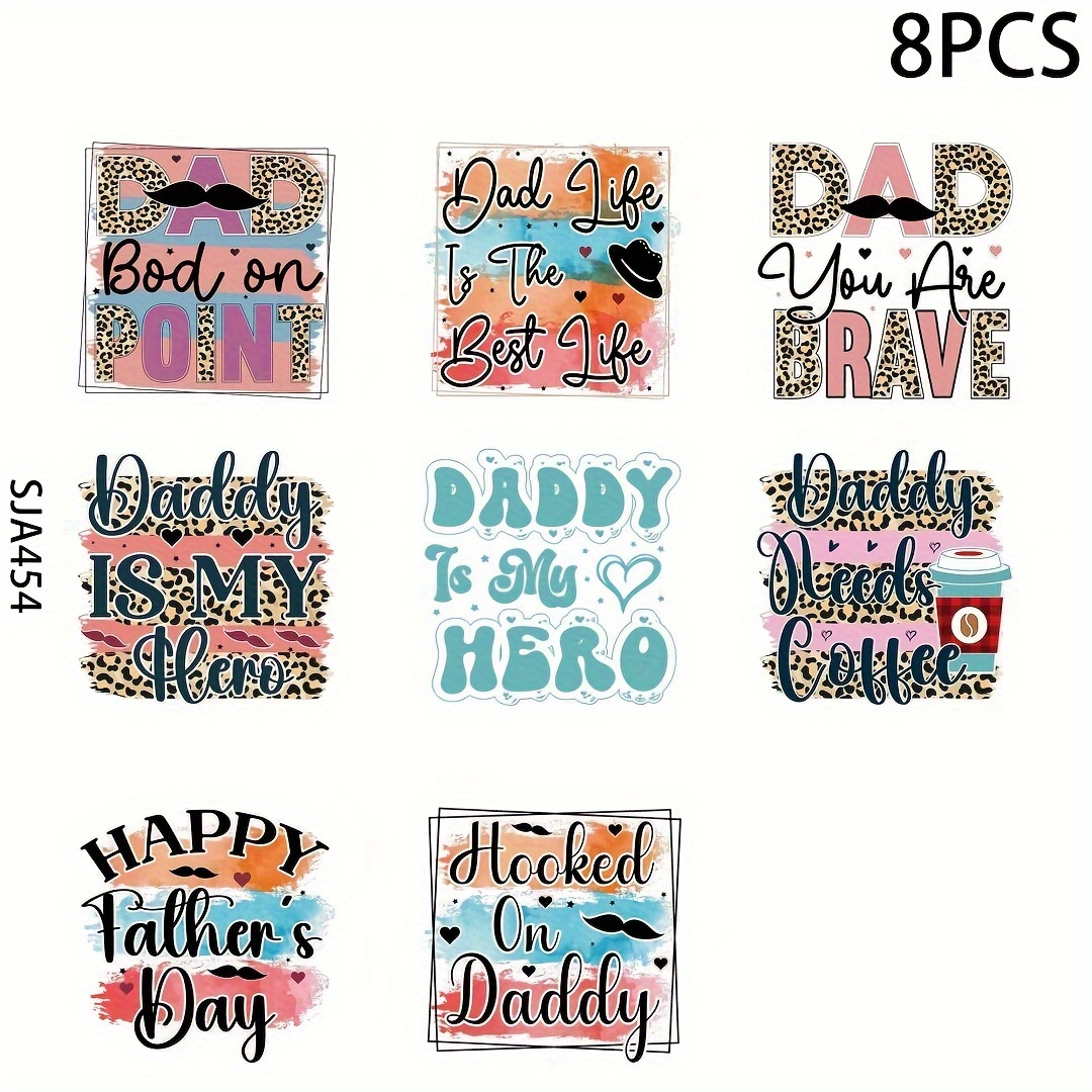 

8pcs Father's Day Themed Uv Dtf Cup Stickers, Waterproof Sticker Pack For Decorating Mugs, Cups, Bottles, School Supplies, Etc, Arts Crafts, Diy Art Supplies